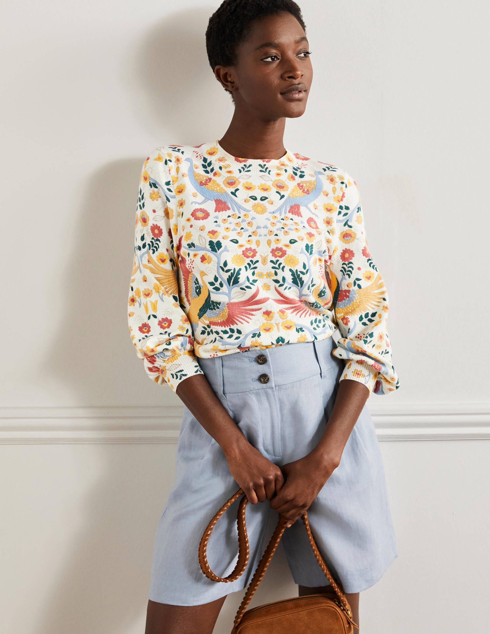 Printed Cotton Jumper-Ivory, Enchanting Peacock - Image 1