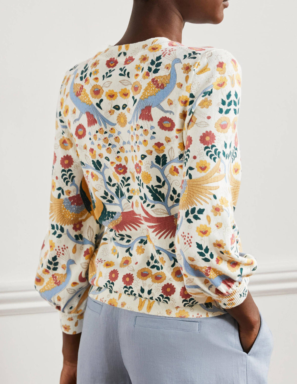 Printed Cotton Jumper-Ivory, Enchanting Peacock-3