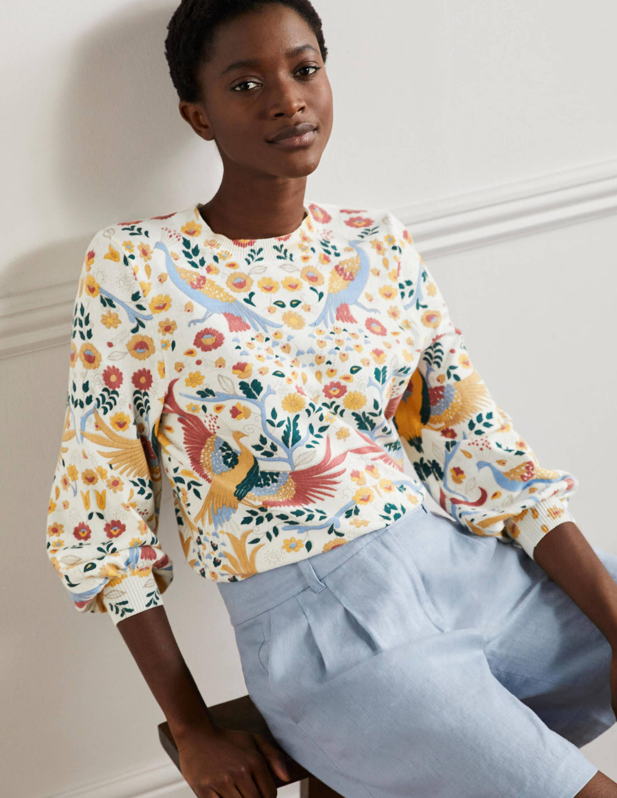 Printed Cotton Jumper-Ivory, Enchanting Peacock-4
