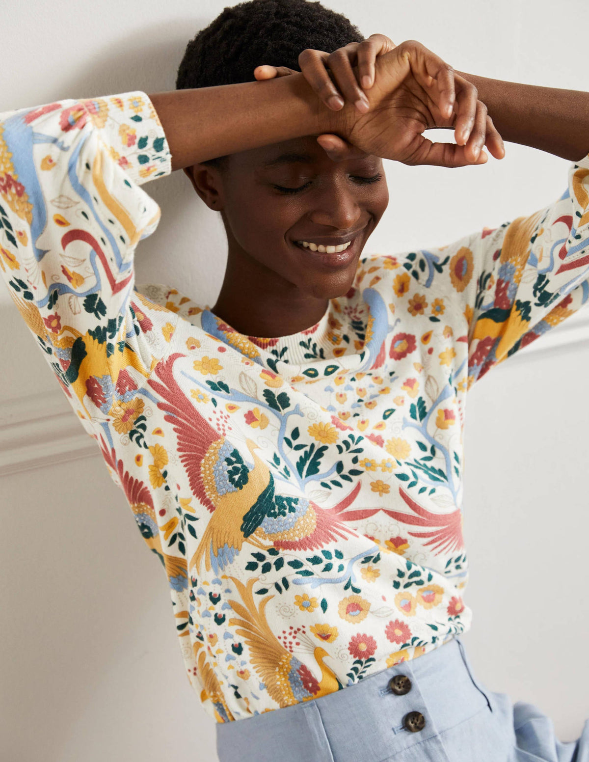 Printed Cotton Jumper-Ivory, Enchanting Peacock - Image 5