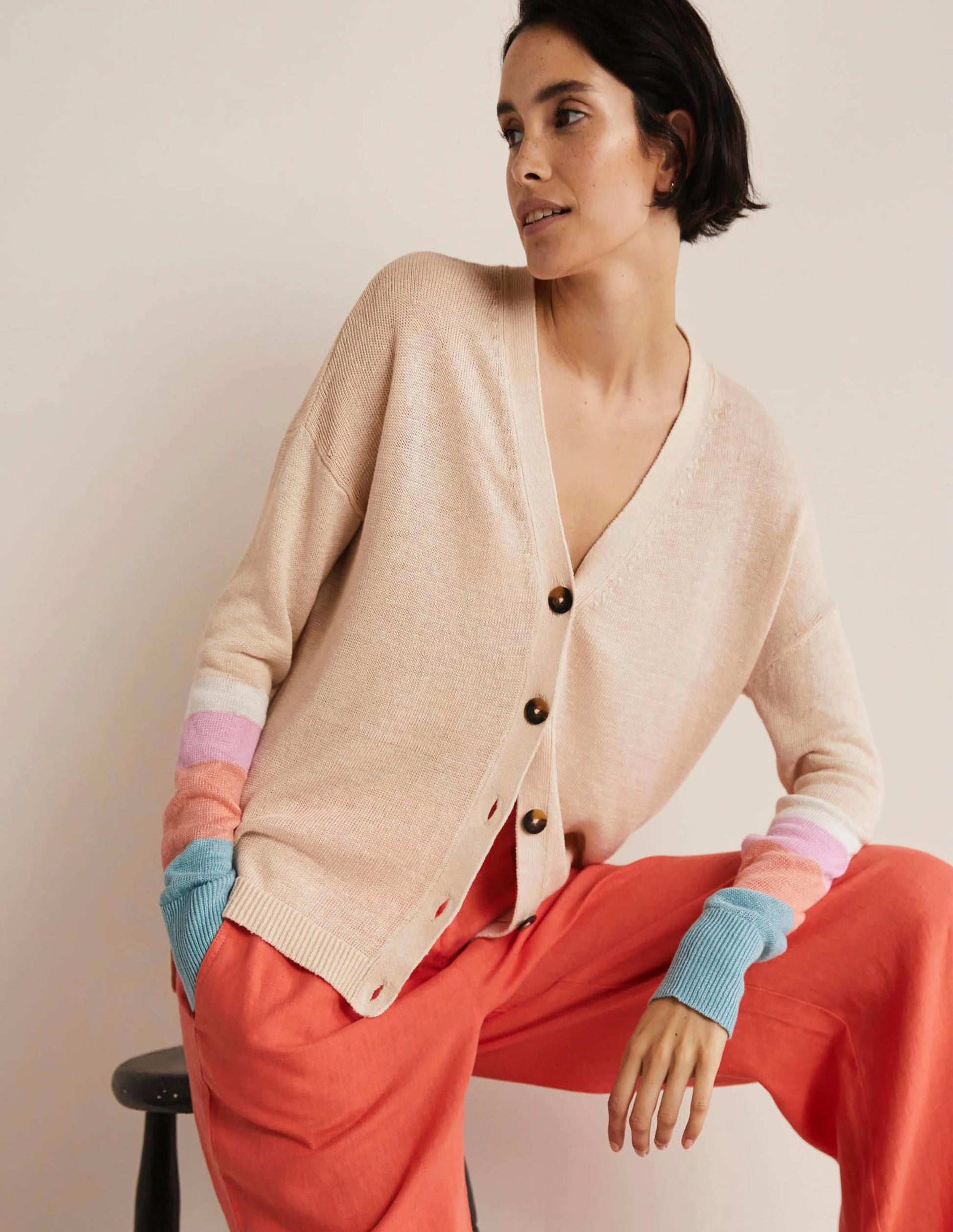Colourblock Linen Cardigan-Chalky Coral Bon Bon-1