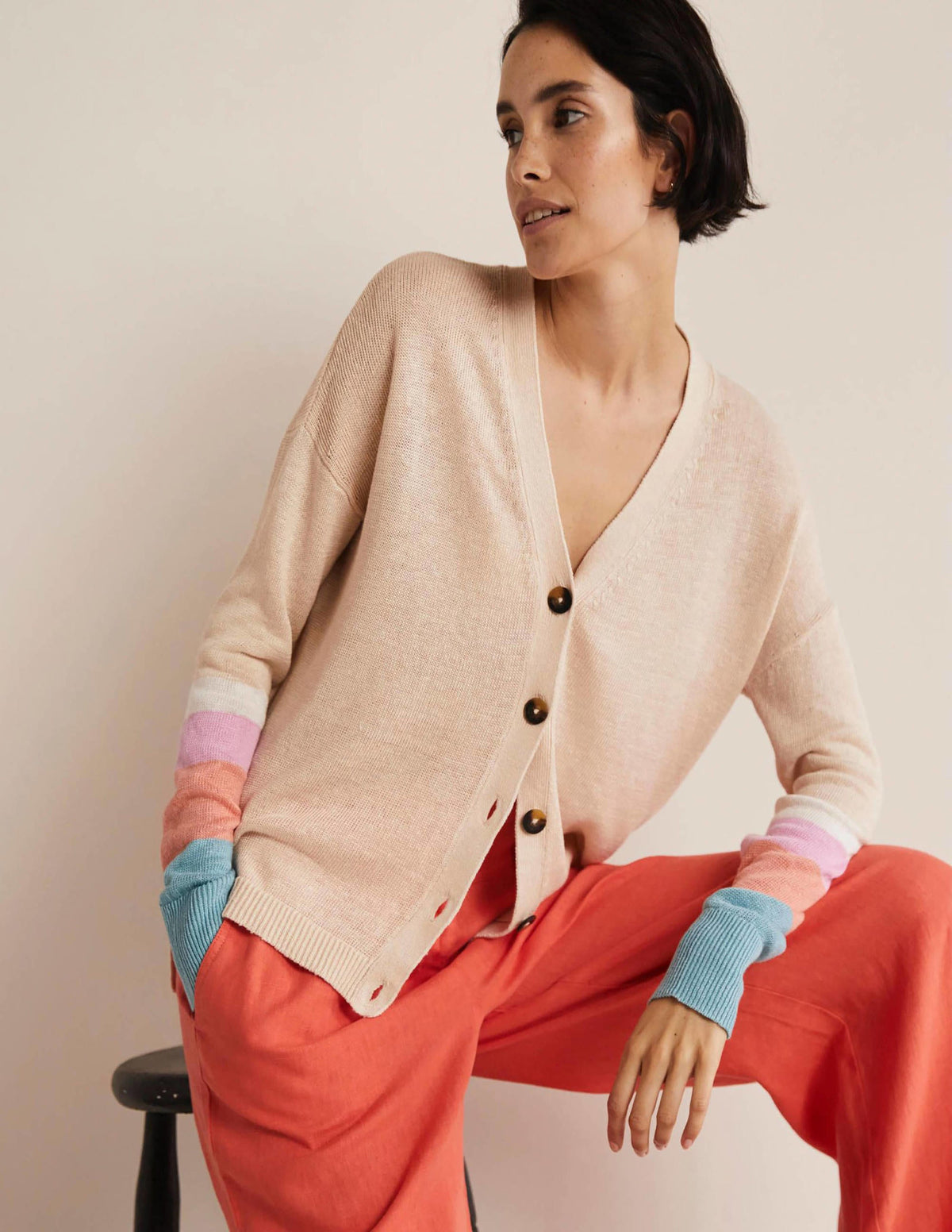 Colourblock Linen Cardigan-Chalky Coral Bon Bon - Image 1
