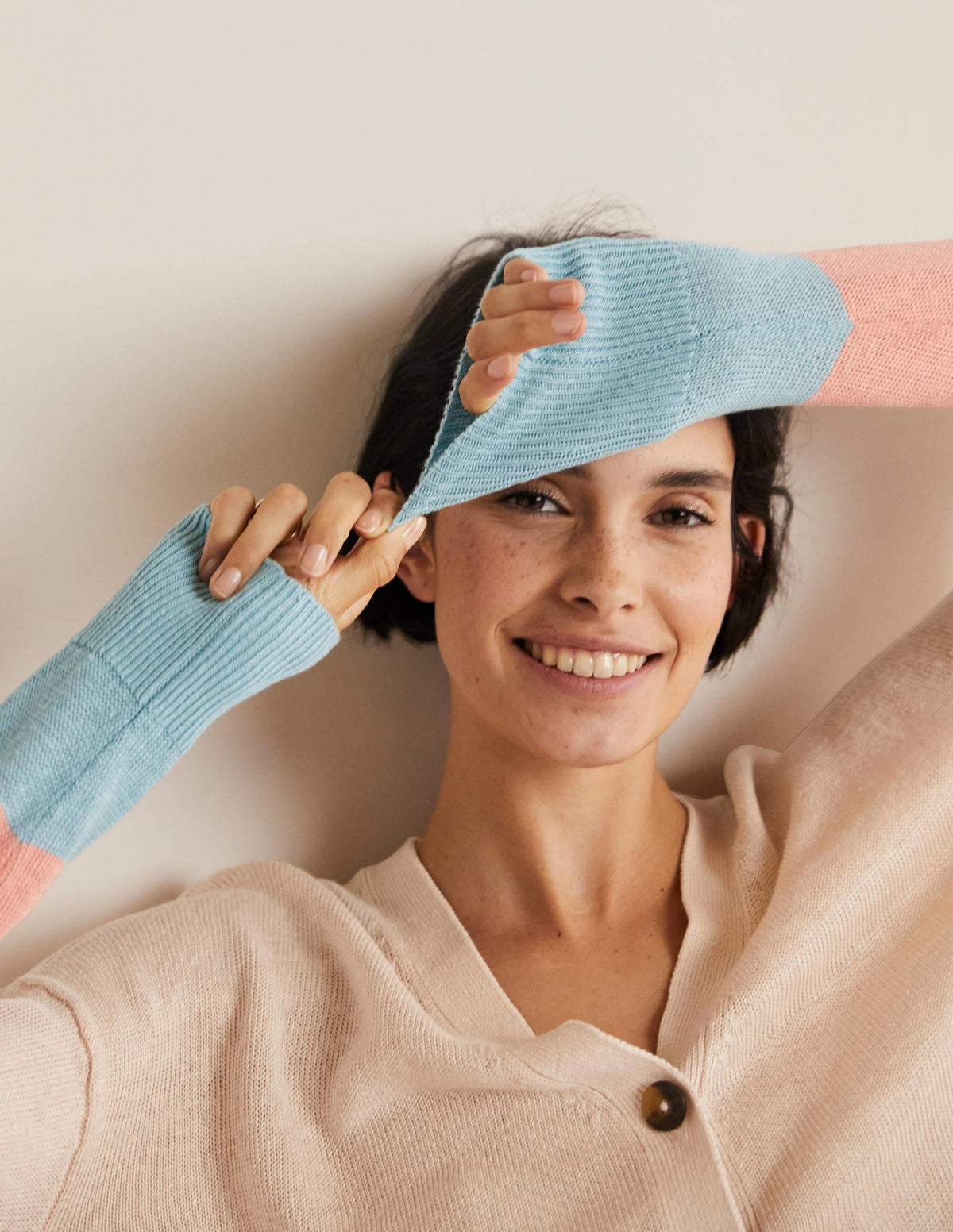 Colourblock Linen Cardigan-Chalky Coral Bon Bon-2