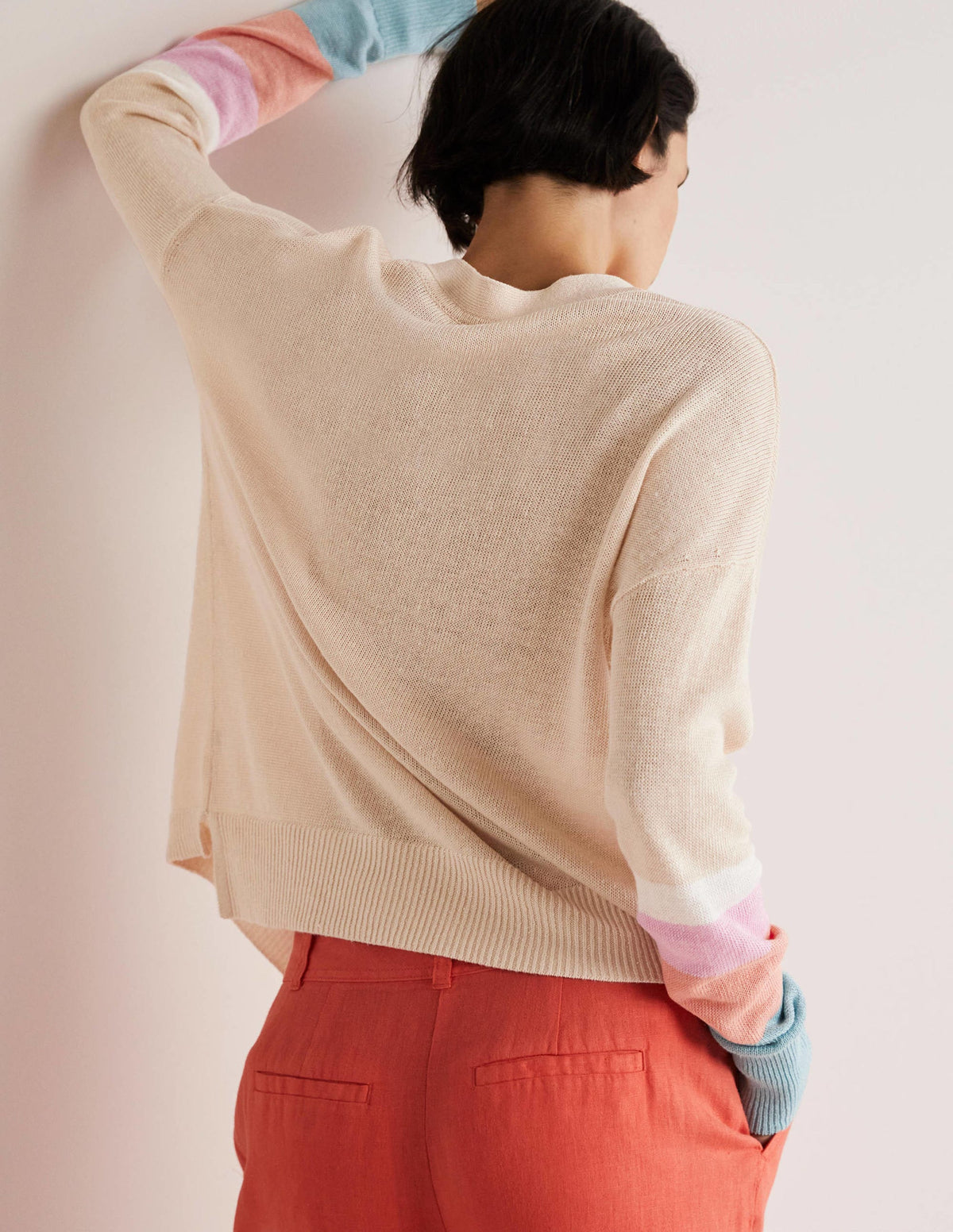 Colourblock Linen Cardigan-Chalky Coral Bon Bon - Image 3