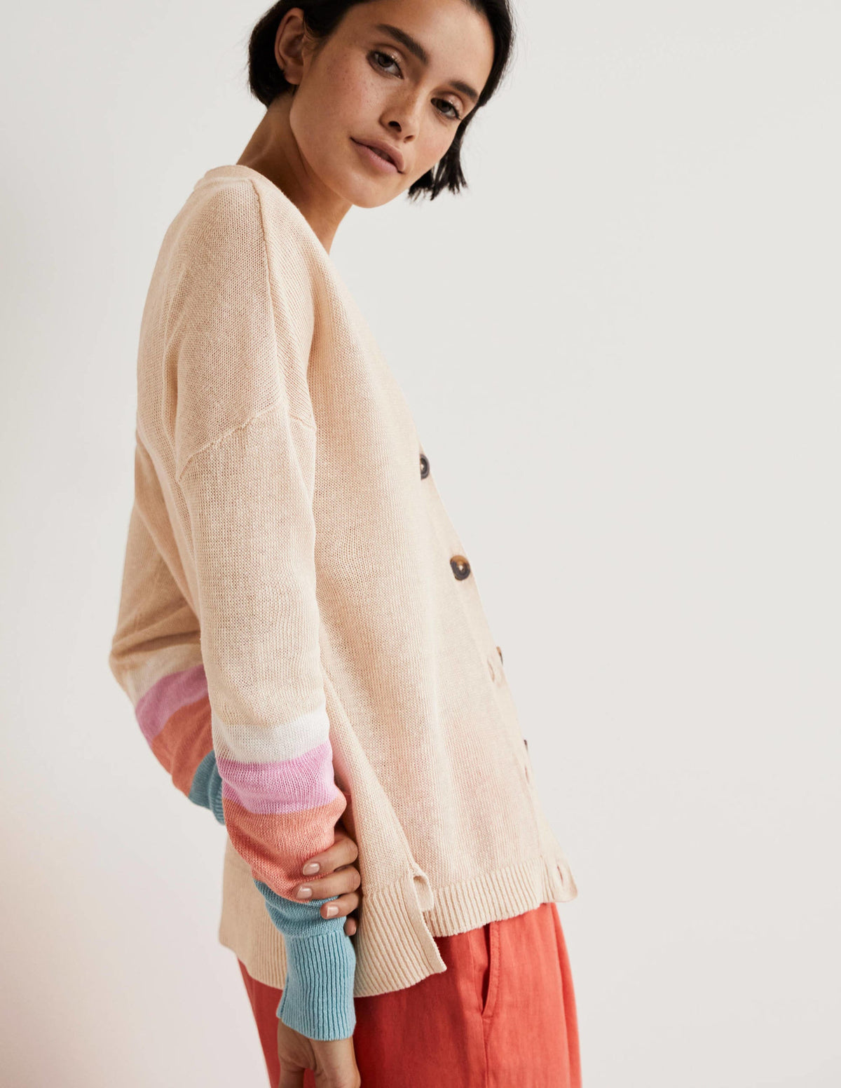 Colourblock Linen Cardigan-Chalky Coral Bon Bon - Image 4