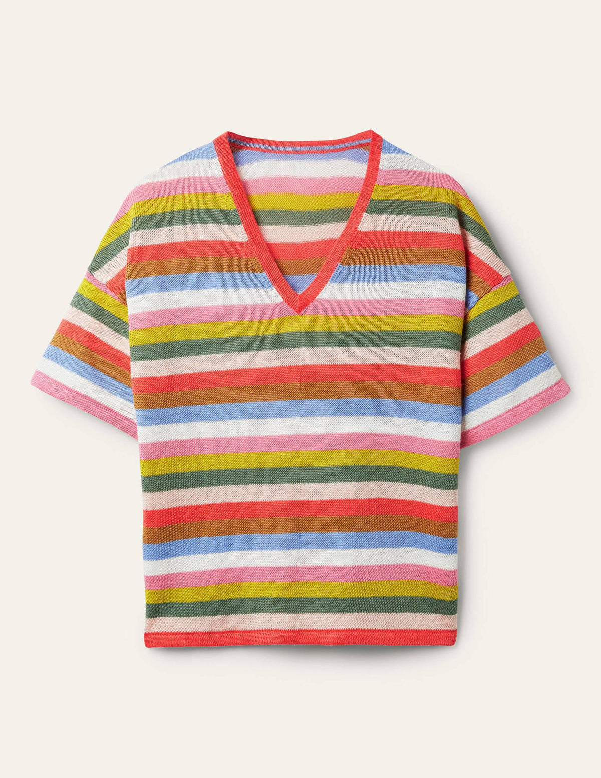 Linen Knitted T-shirt-Hot Coral Rainbow-6