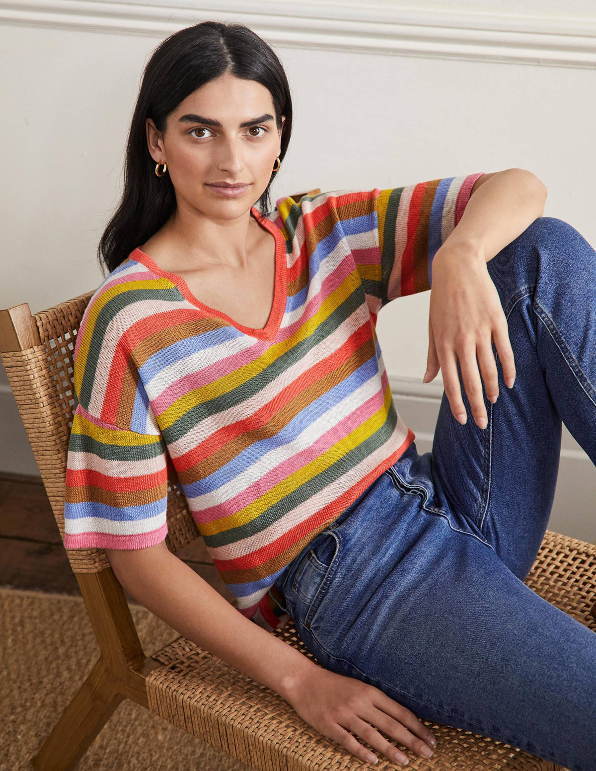 Linen Knitted T-shirt-Hot Coral Rainbow-1