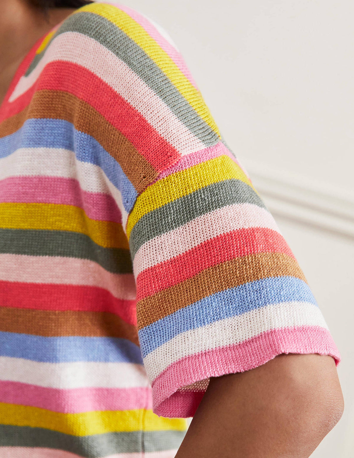 Linen Knitted T-shirt-Hot Coral Rainbow-2
