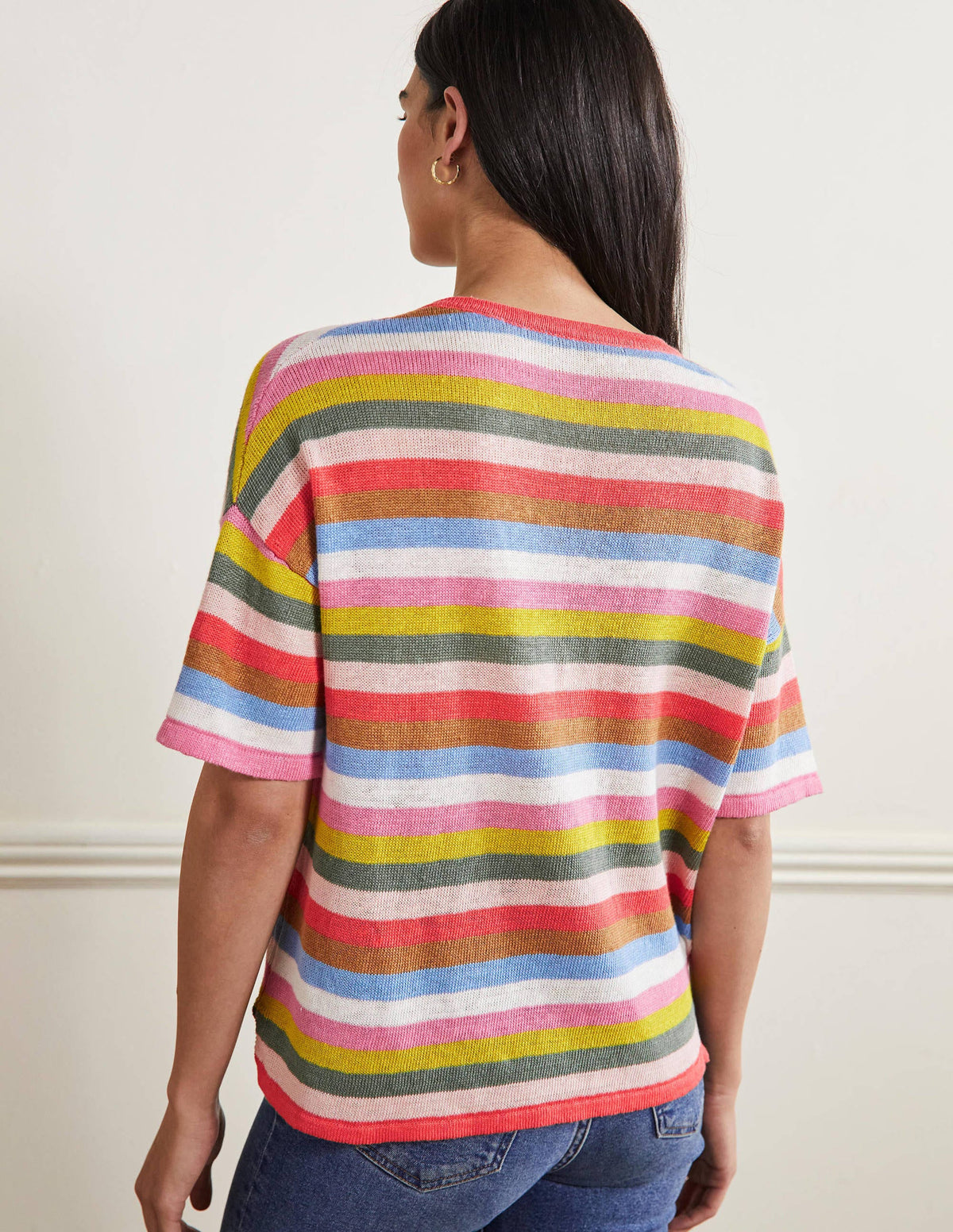 Linen Knitted T-shirt-Hot Coral Rainbow - Image 3