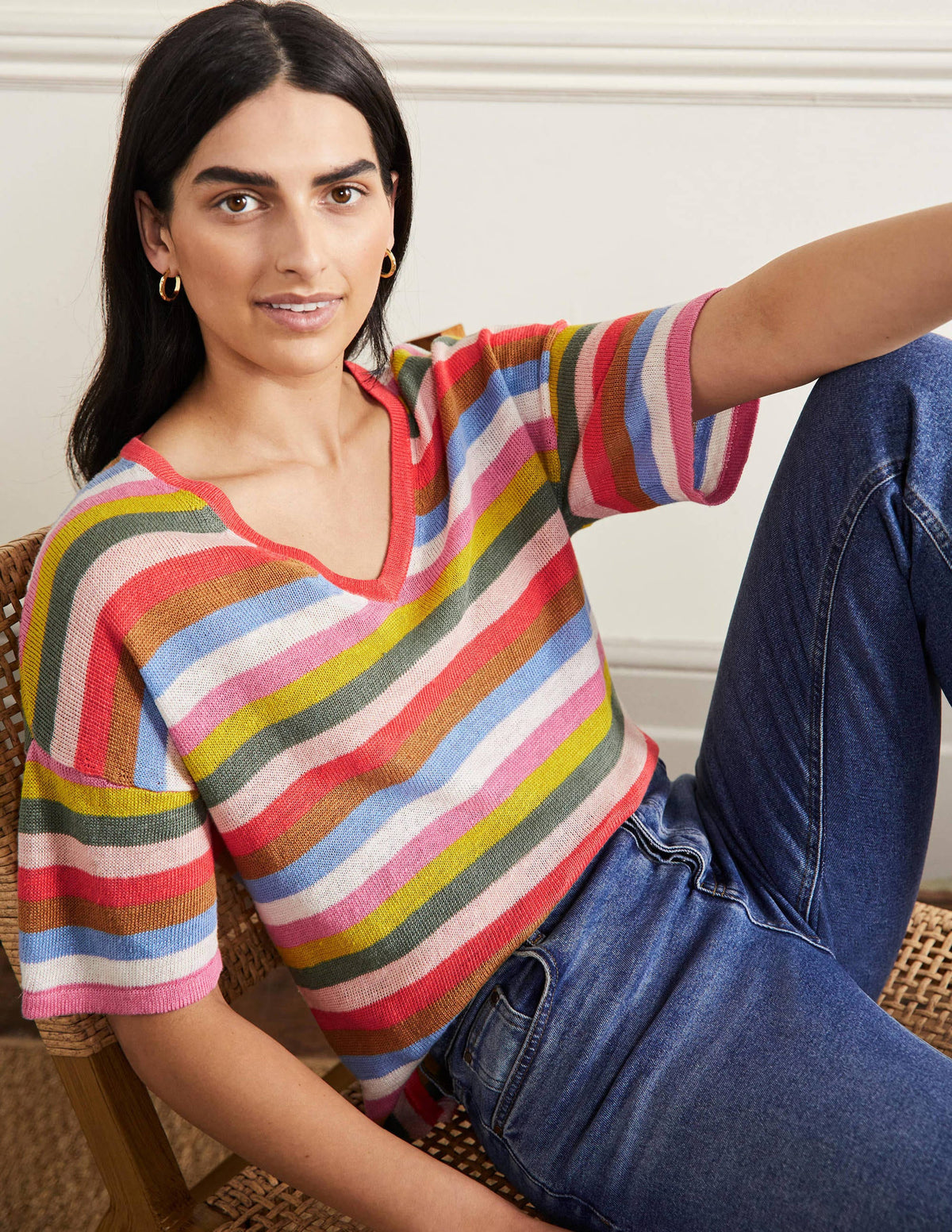 Linen Knitted T-shirt-Hot Coral Rainbow-4