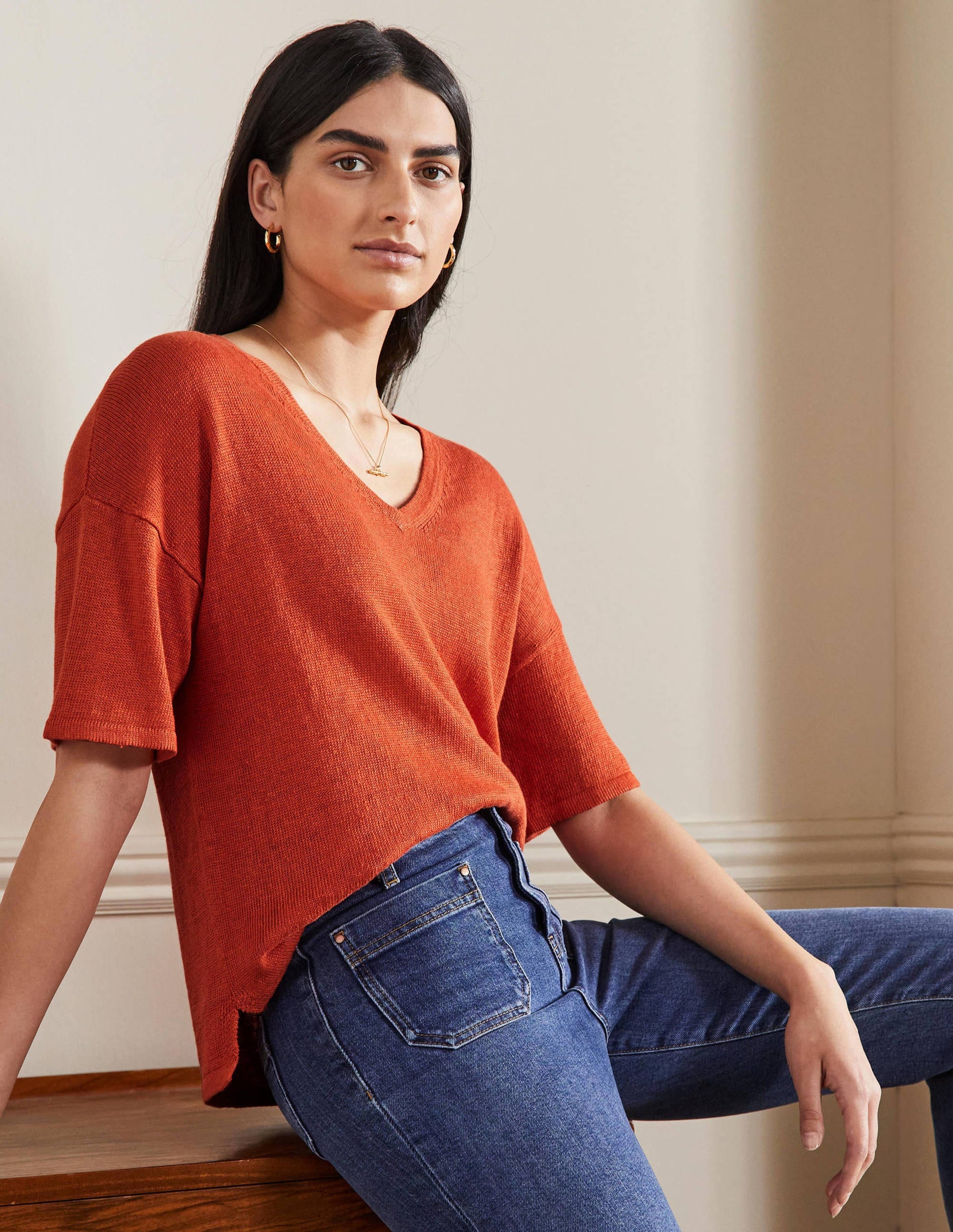 Linen Knitted T-shirt-Bright Papaya-1