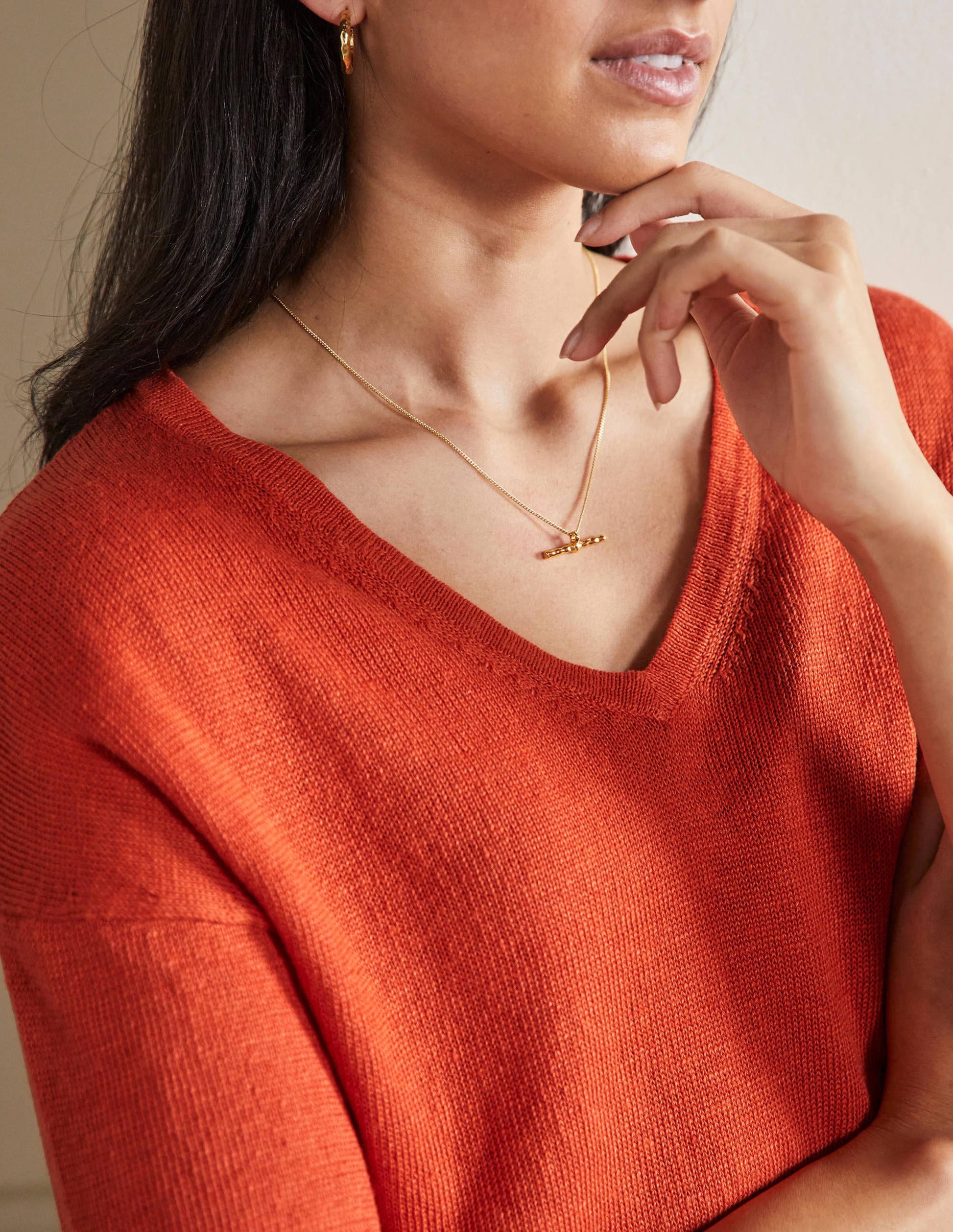 Linen Knitted T-shirt-Bright Papaya-2