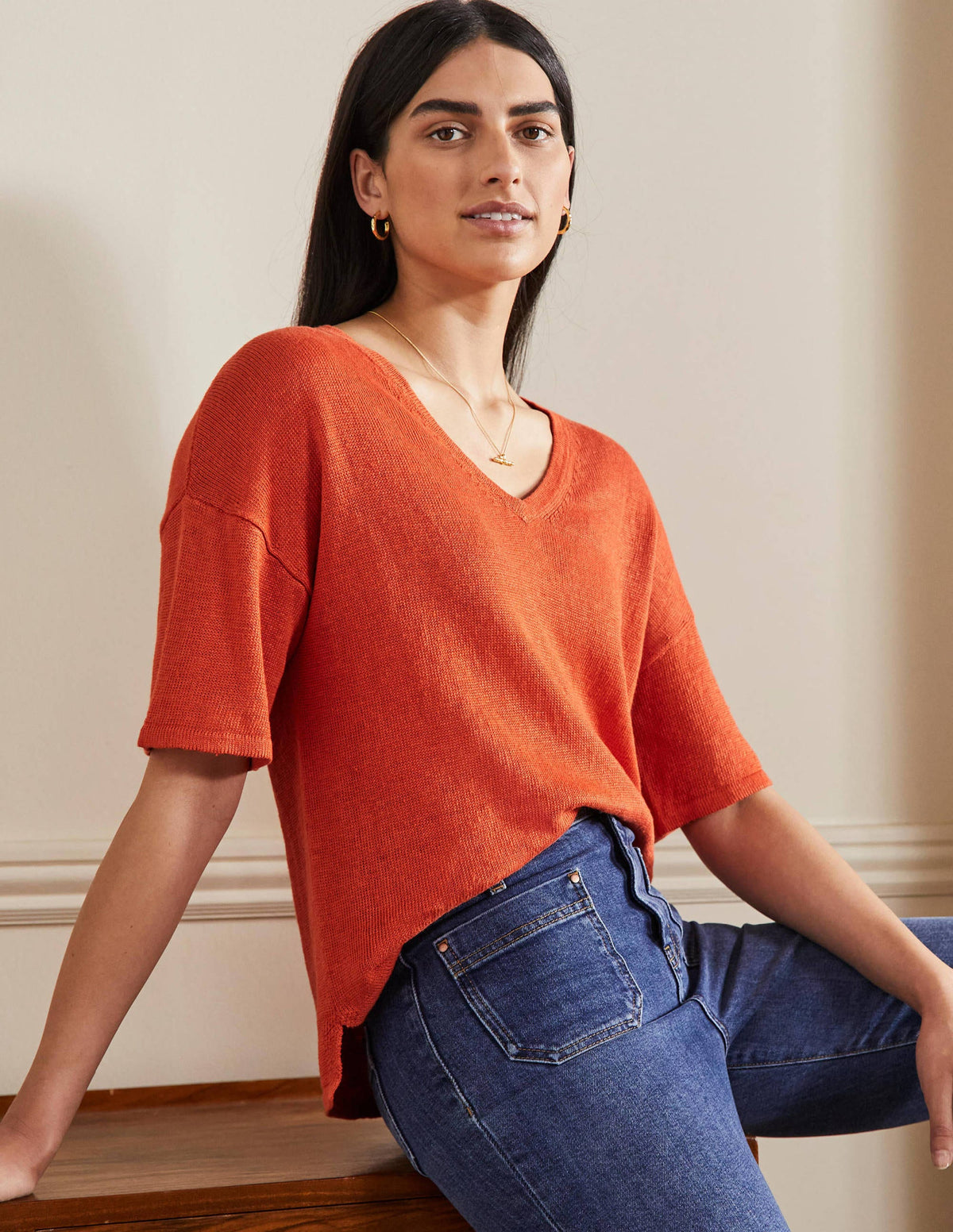 Linen Knitted T-shirt-Bright Papaya-4