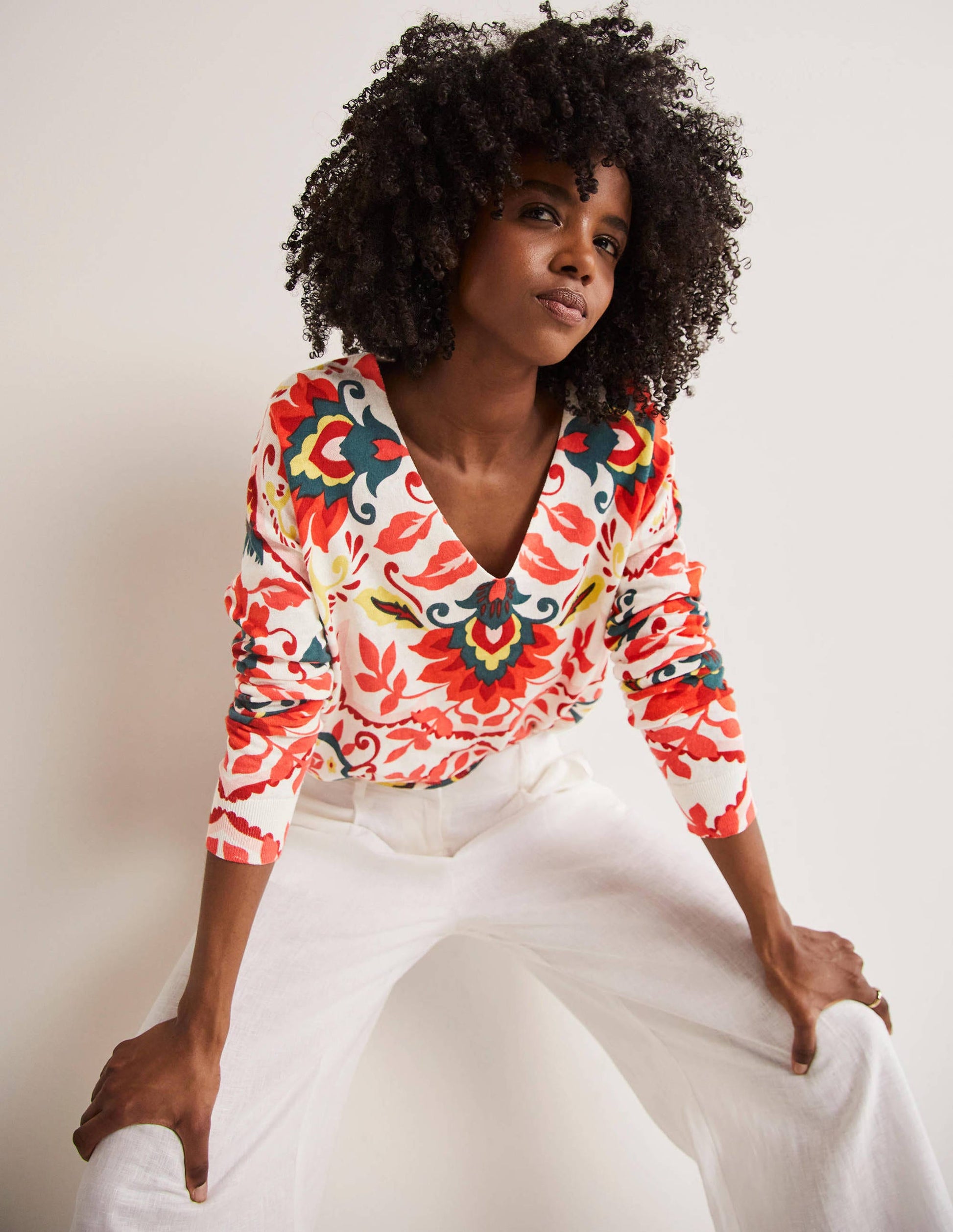 Relaxed Printed V-neck Jumper-Multi, Moroccan Bloom-1