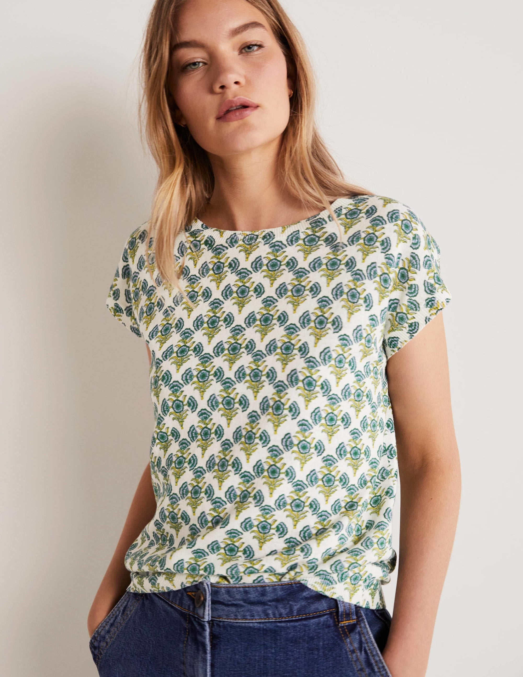 Printed Crew Neck Knitted Vest-Brunnera Blue, Poppy Geo - Image 1