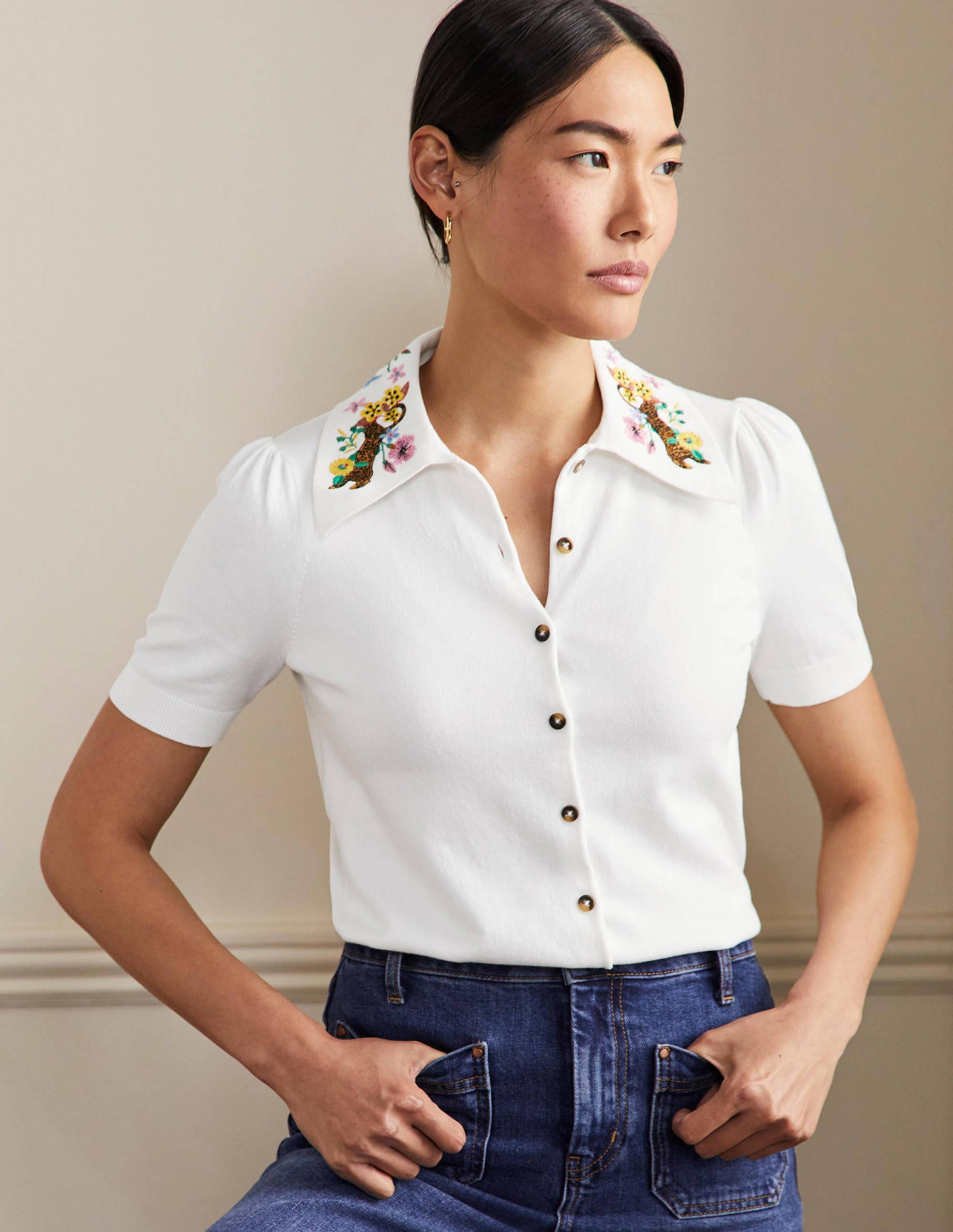 Embroidered Collar Cardigan-Ivory - Image 4