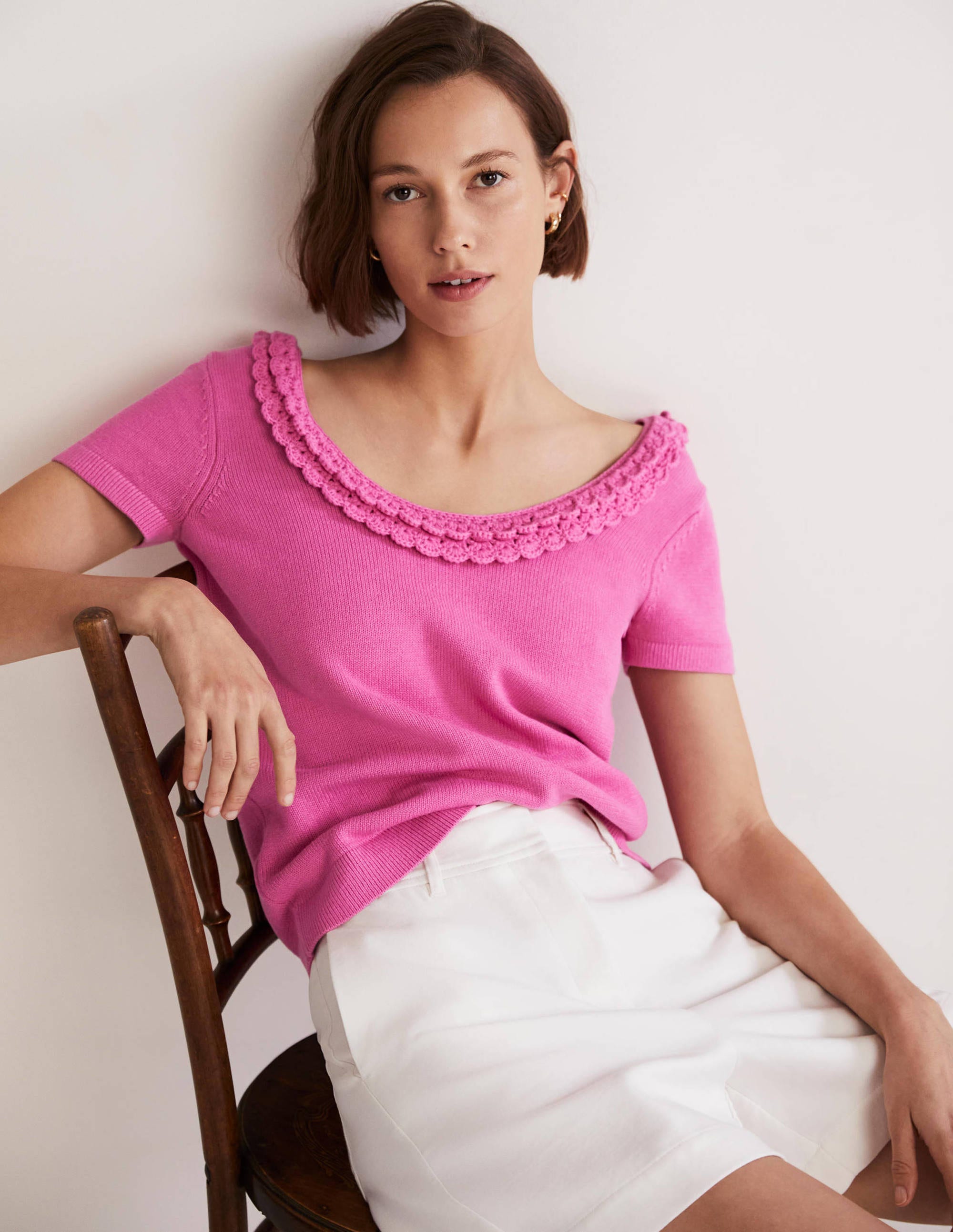 Crochet Scallop Knit T-shirt-Strawberry Daiquiri Pink - Image 1