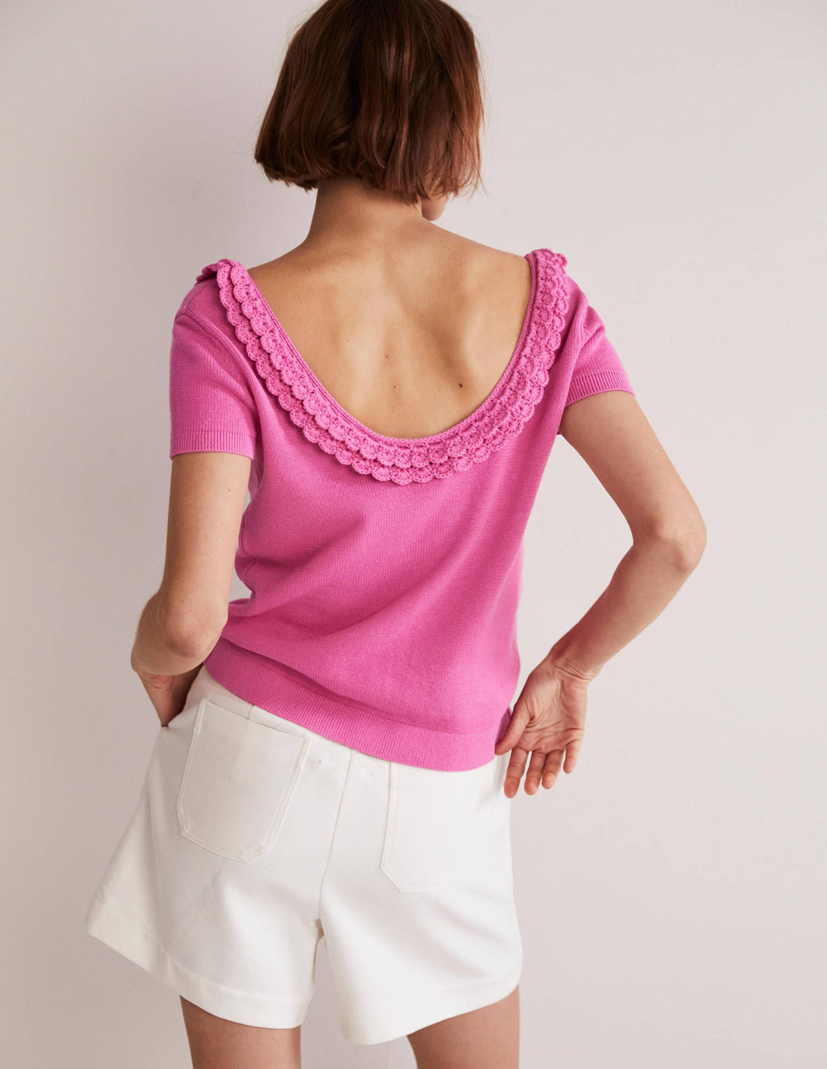 Crochet Scallop Knit T-shirt-Strawberry Daiquiri Pink-3