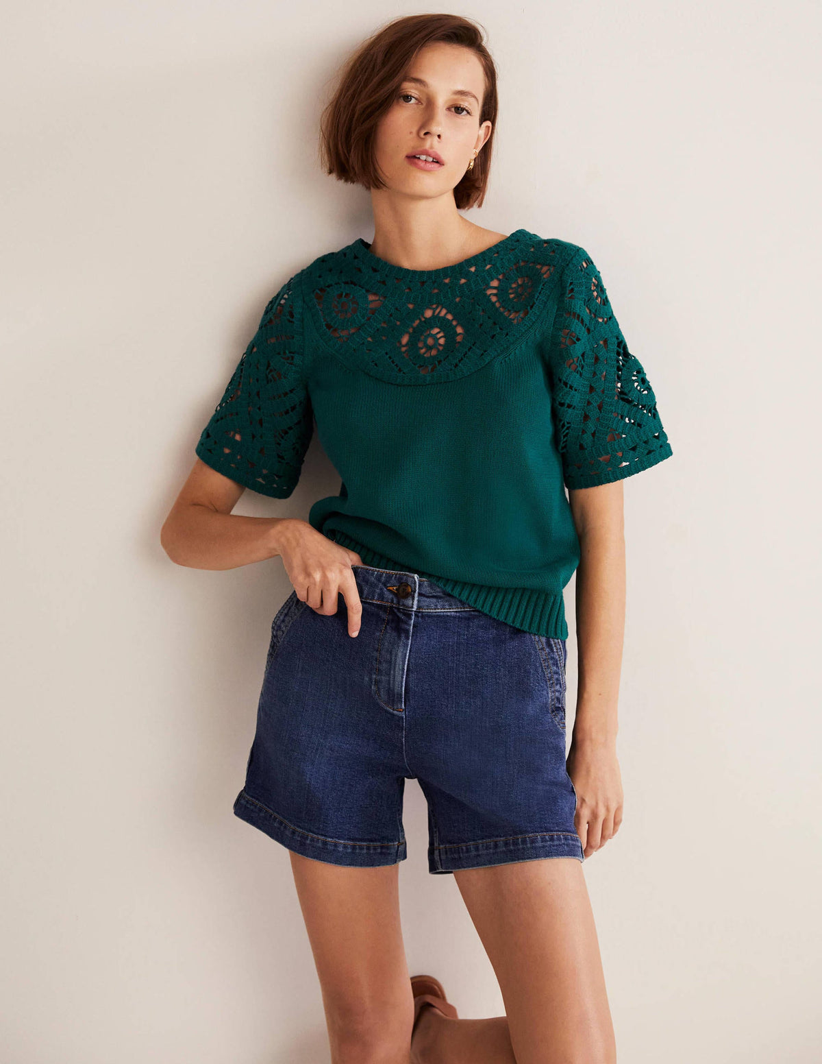 Crochet Detail Knitted T-shirt-Chesapeake Bay Green-1