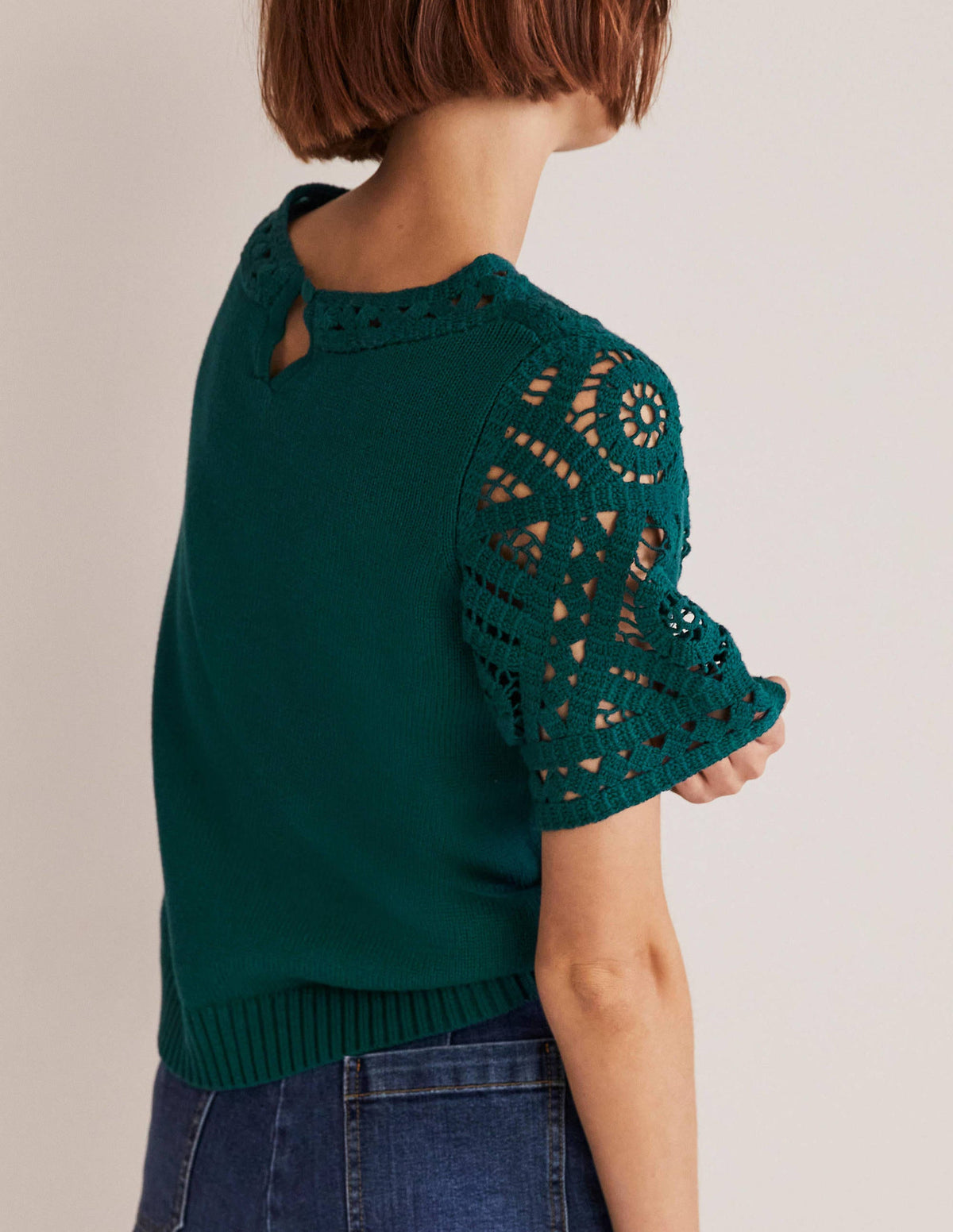 Crochet Detail Knitted T-shirt-Chesapeake Bay Green-2