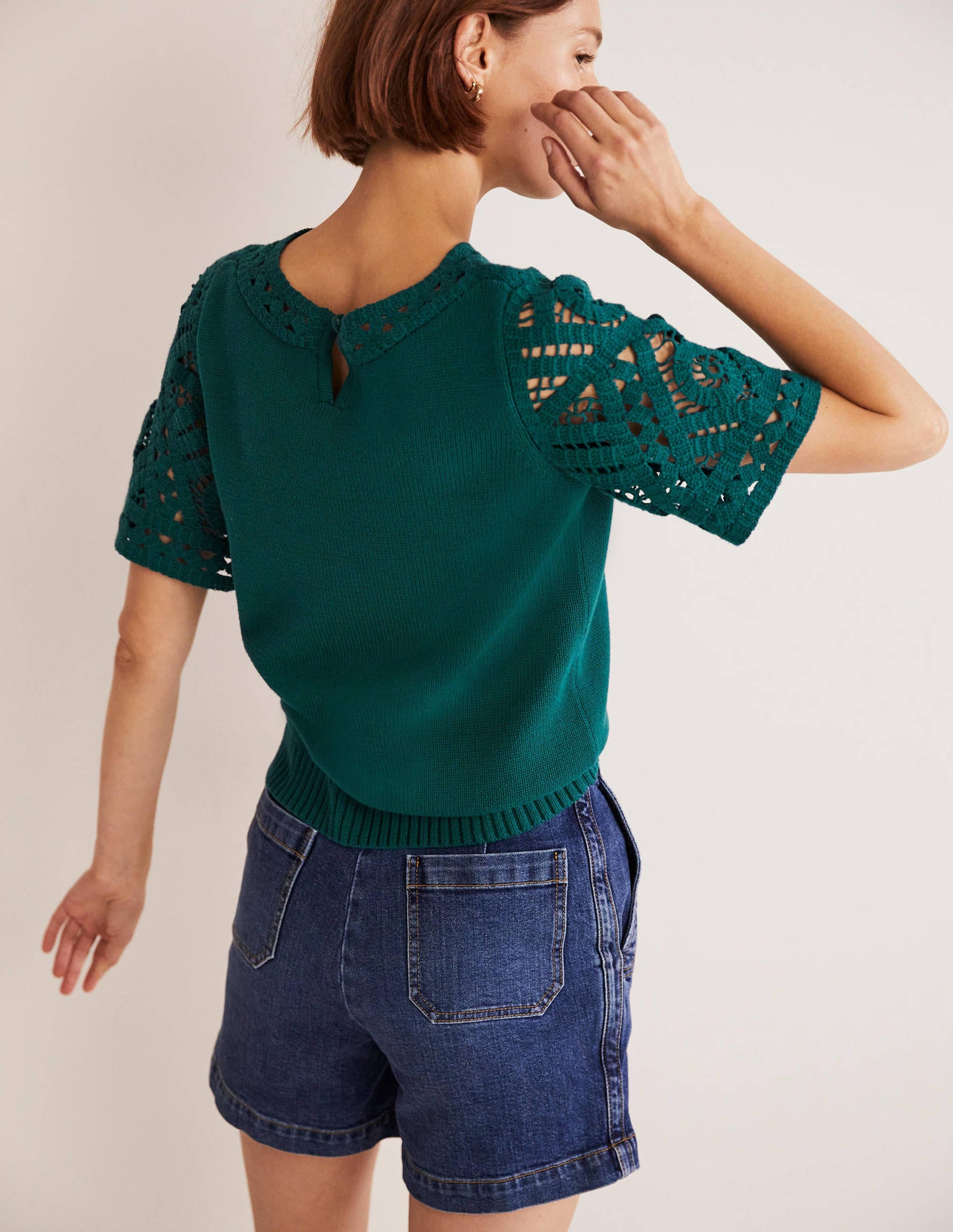 Crochet Detail Knitted T-shirt-Chesapeake Bay Green-3
