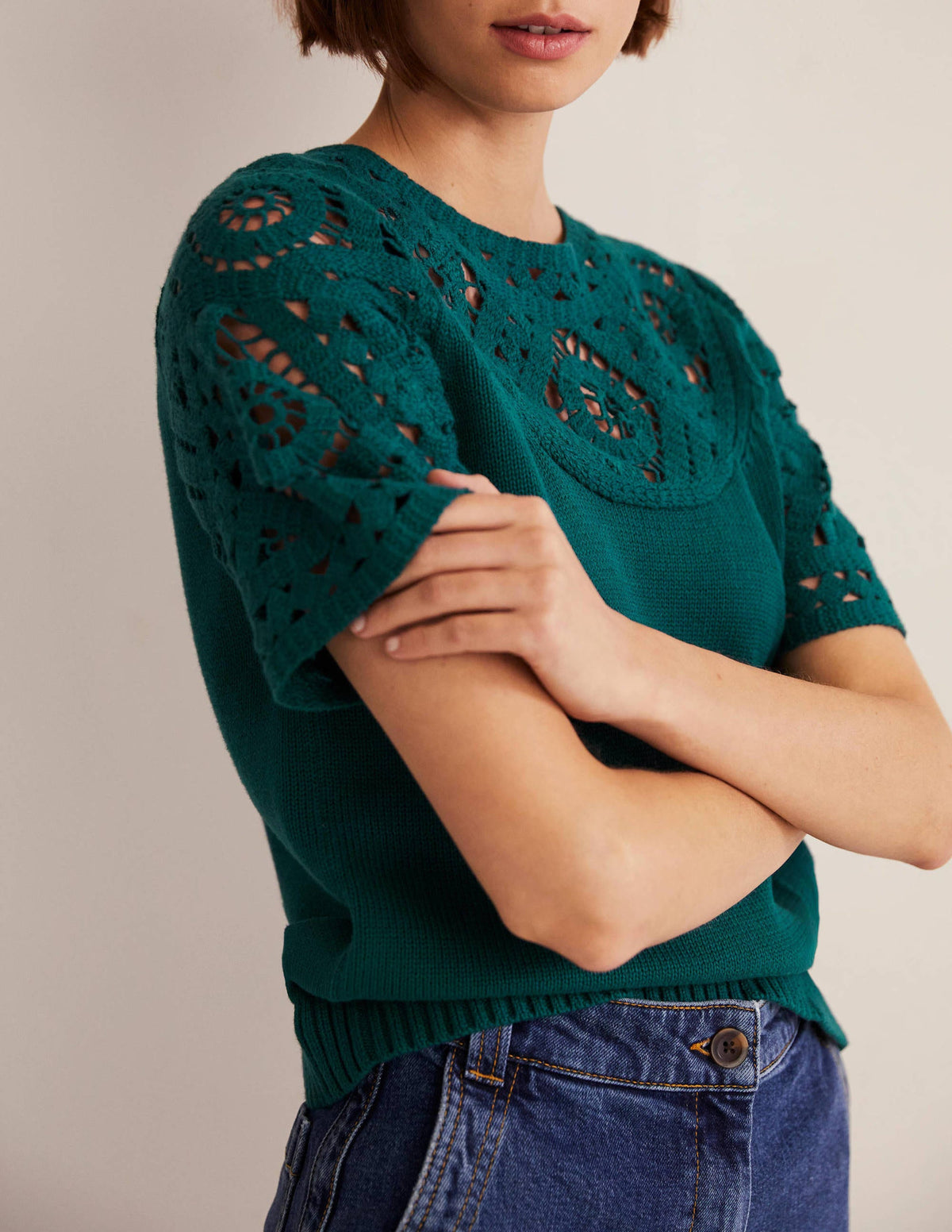 Crochet Detail Knitted T-shirt-Chesapeake Bay Green-4