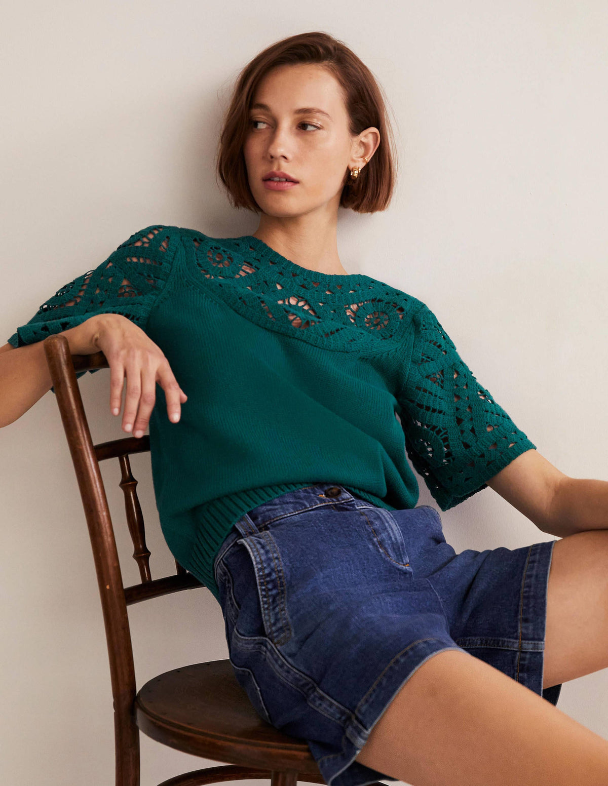 Crochet Detail Knitted T-shirt-Chesapeake Bay Green-5
