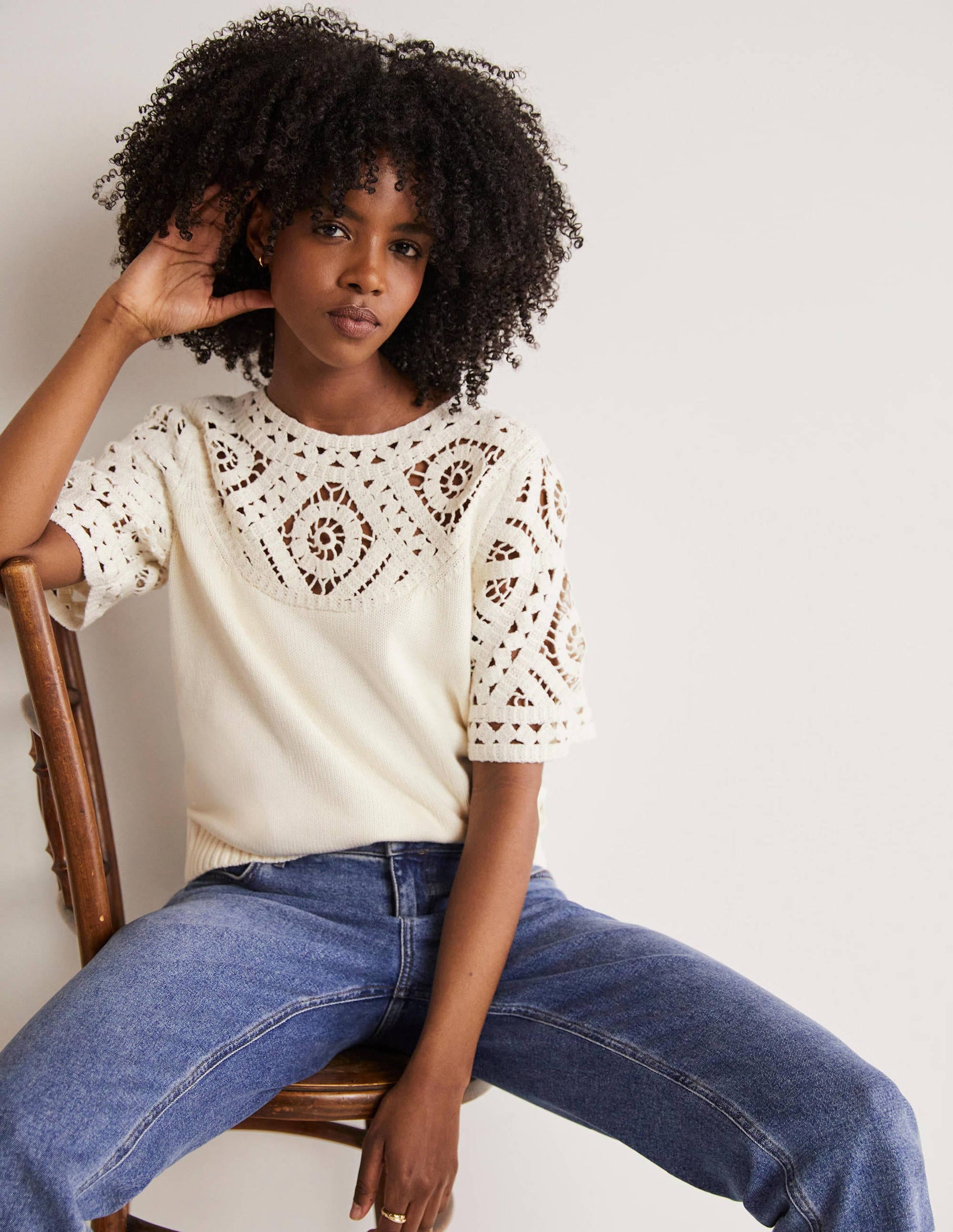 Crochet Detail Knitted T-shirt-Ivory-1