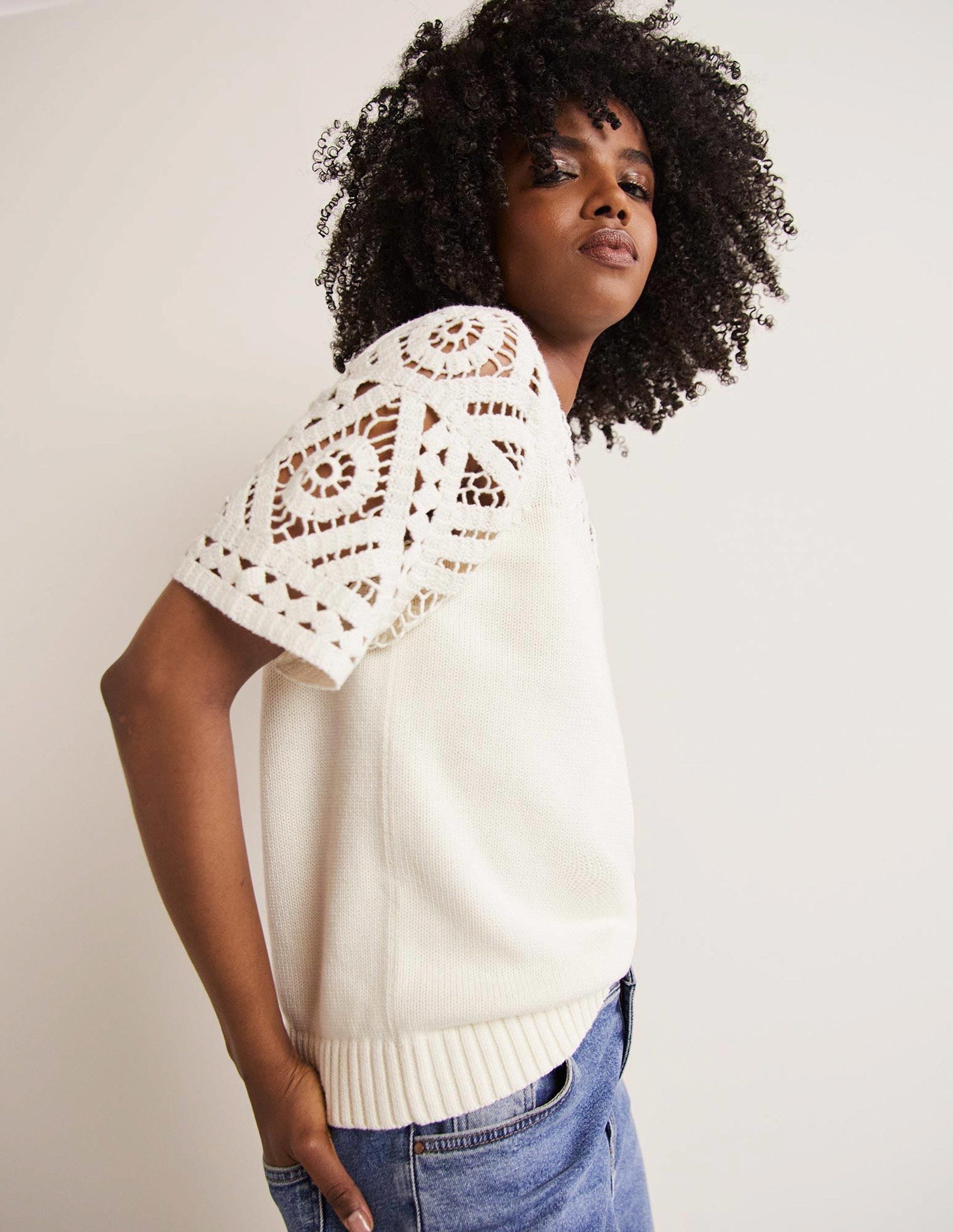 Crochet Detail Knitted T-shirt-Ivory-5