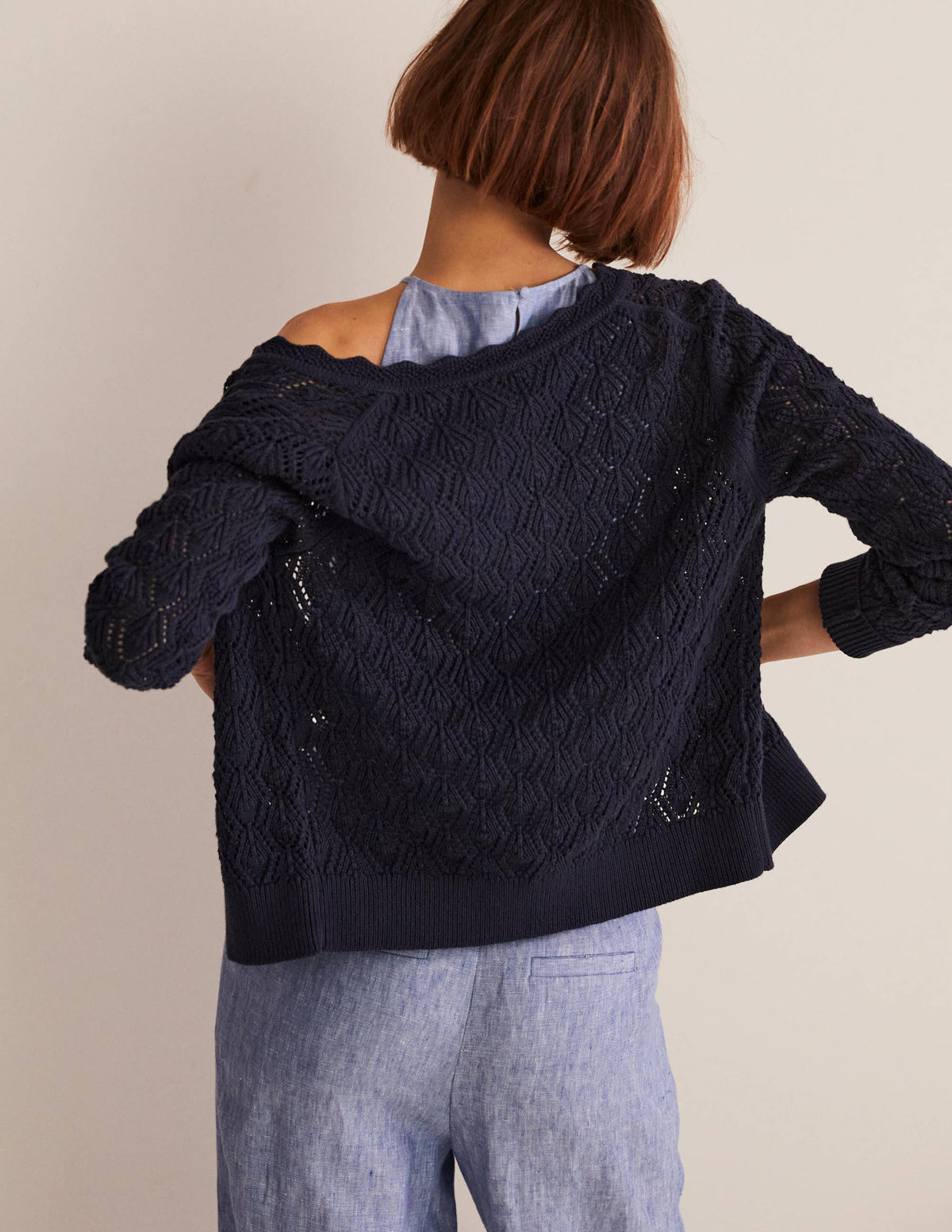 Scallop Crochet Cardigan-navy - Image 5