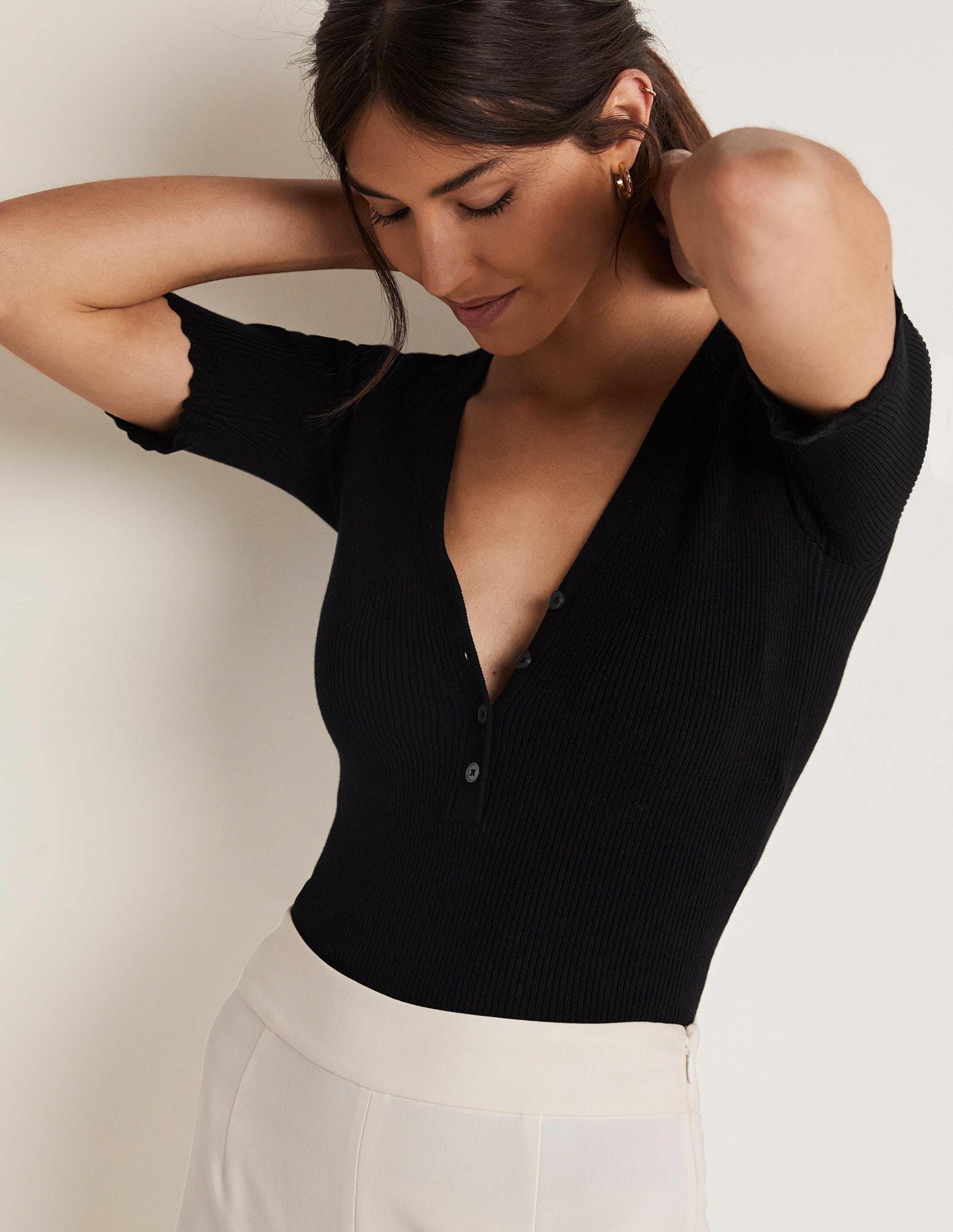 Ribbed Knitted T-shirt-Black - Image 5