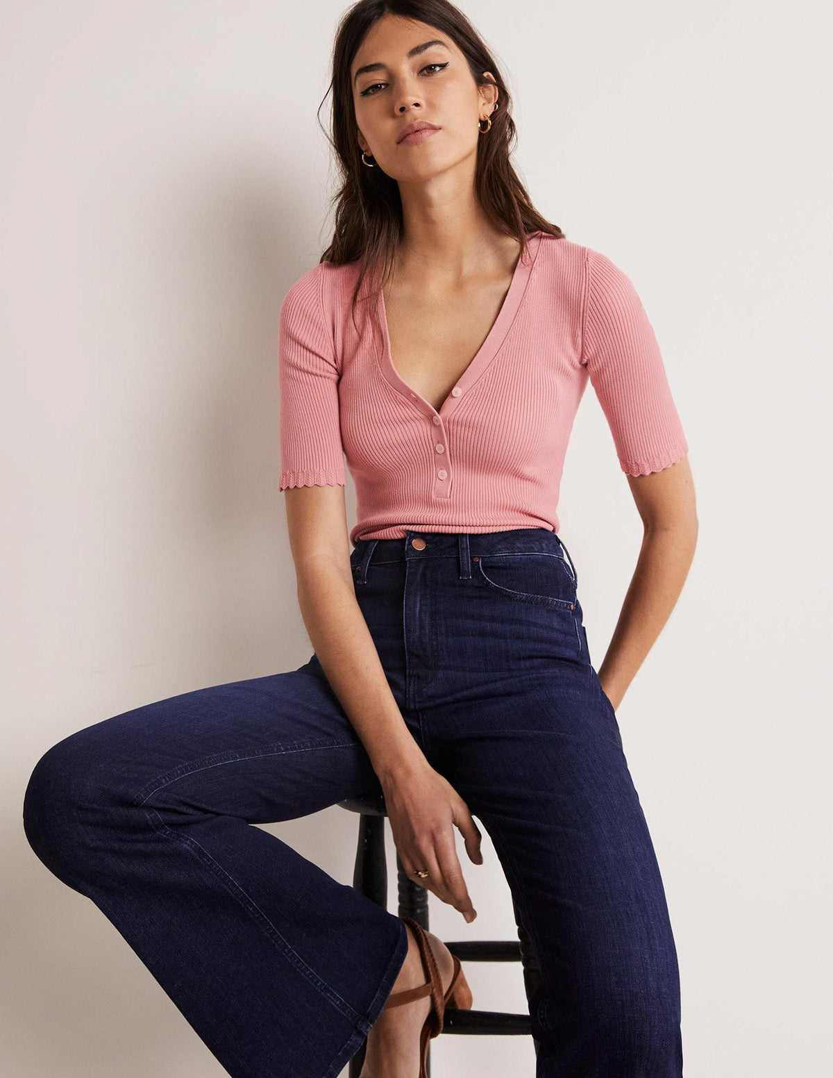 Ribbed Knitted T-shirt-Almond Pink-3