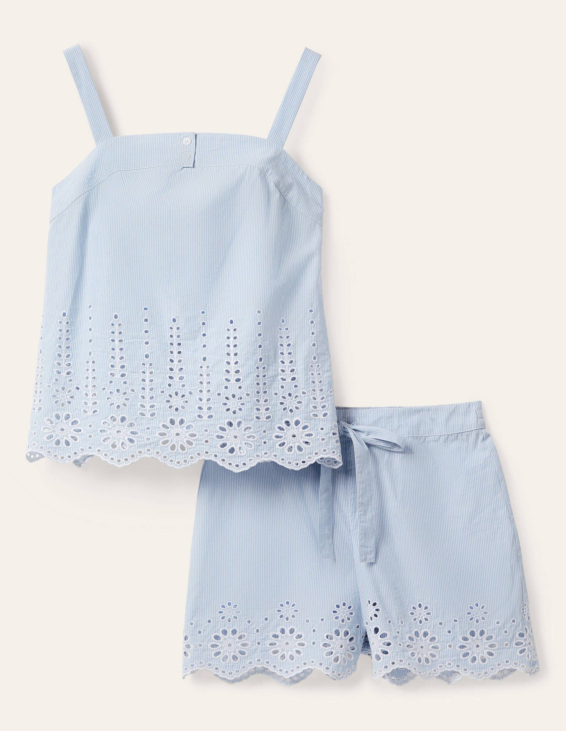 Broderie Short Pyjama Set-Blue Ticking Stripe-6