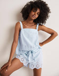 Broderie Short Pyjama Set-Blue Ticking Stripe