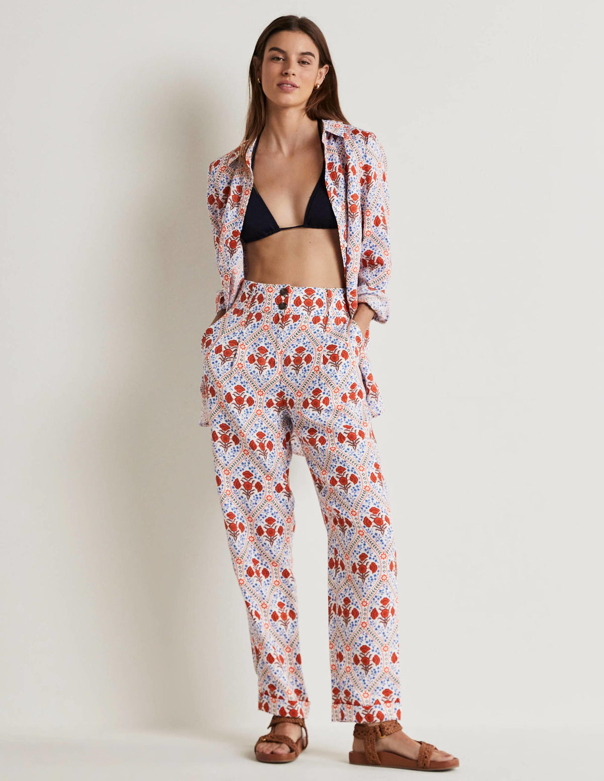 Turn Up Linen Trousers-Ivory, Poppy Bloom-1