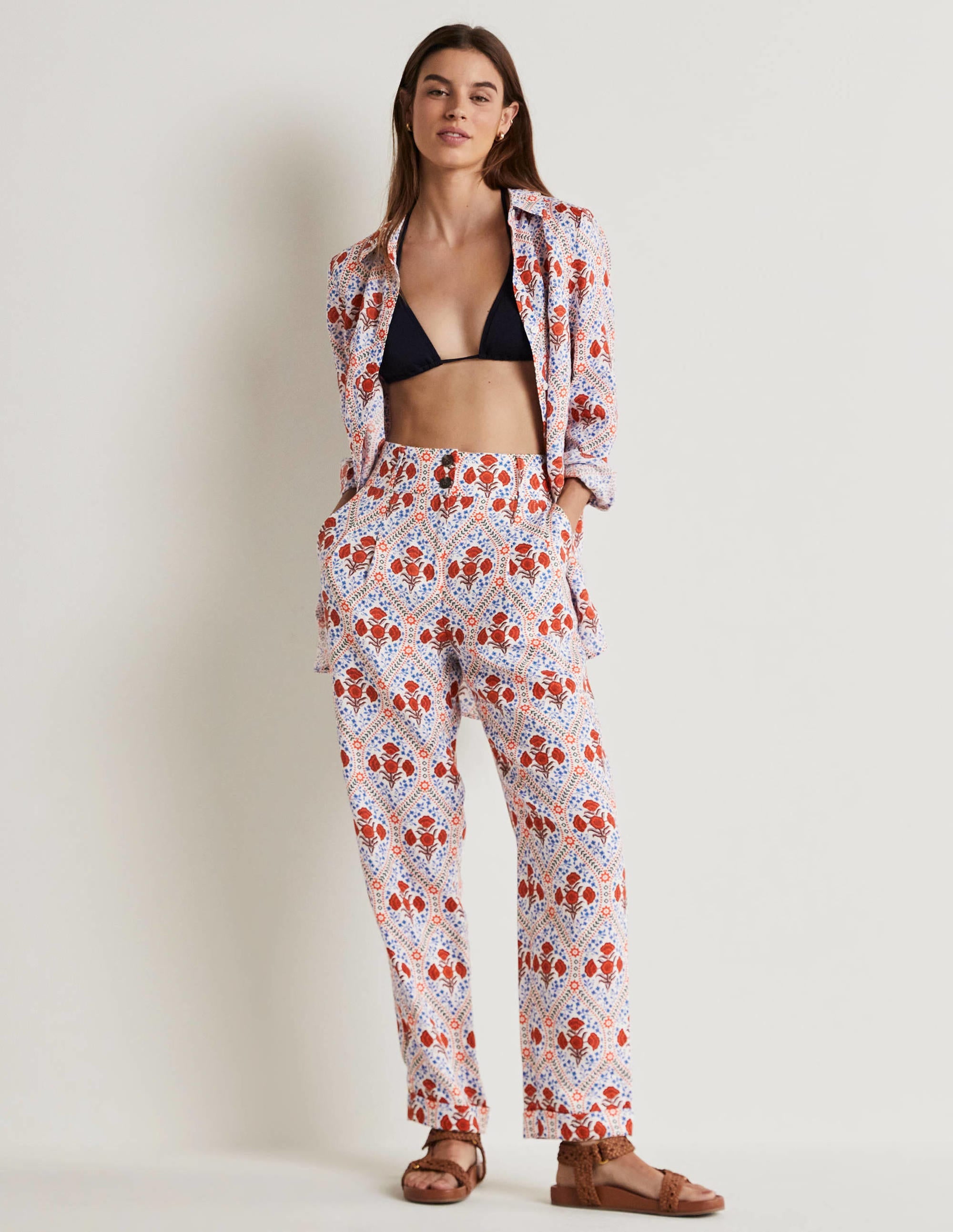 Turn Up Linen Trousers-Ivory, Poppy Bloom - Image 1