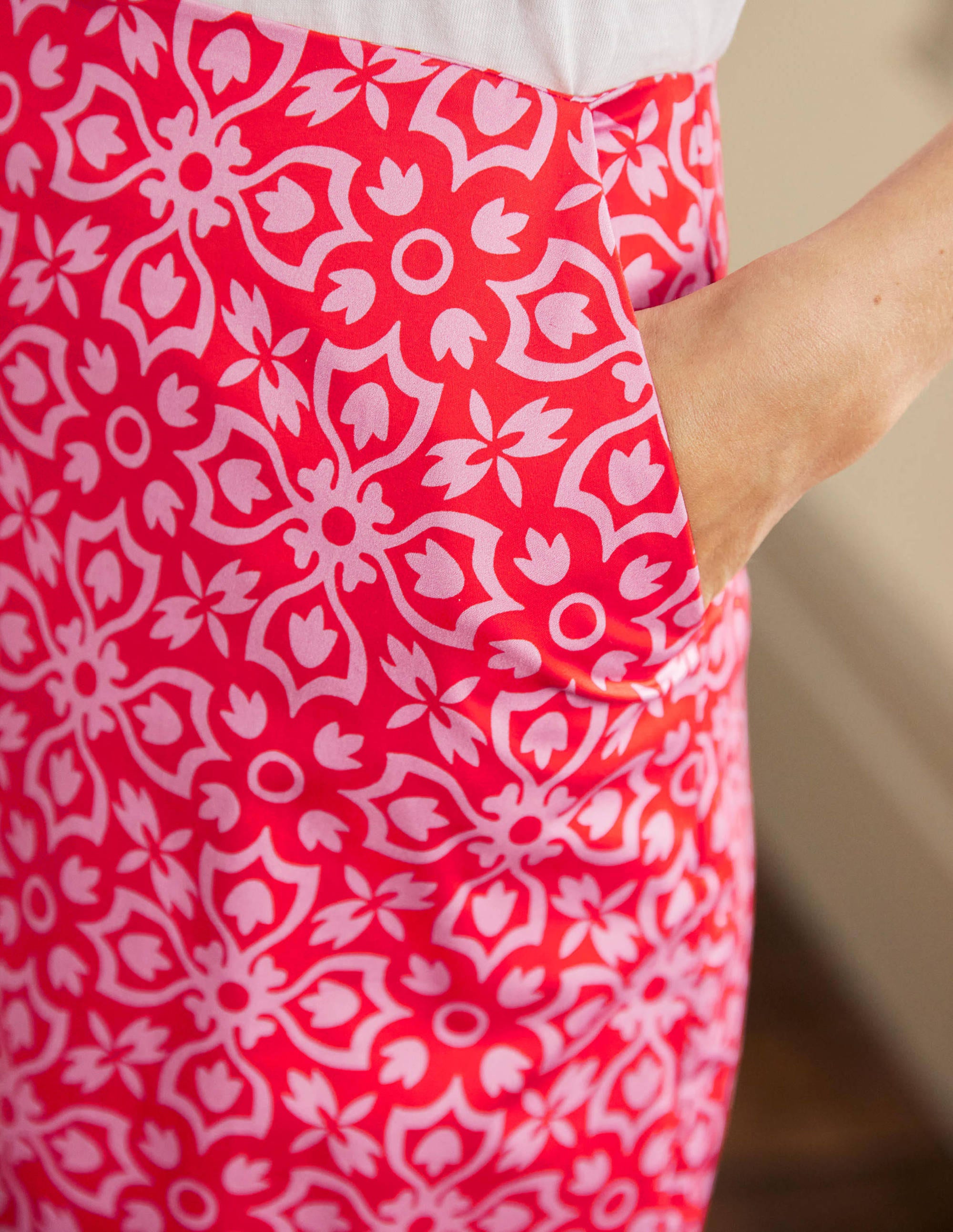 Printed A-line Midi Skirt-Dragon Red, Floret Tile - Image 2