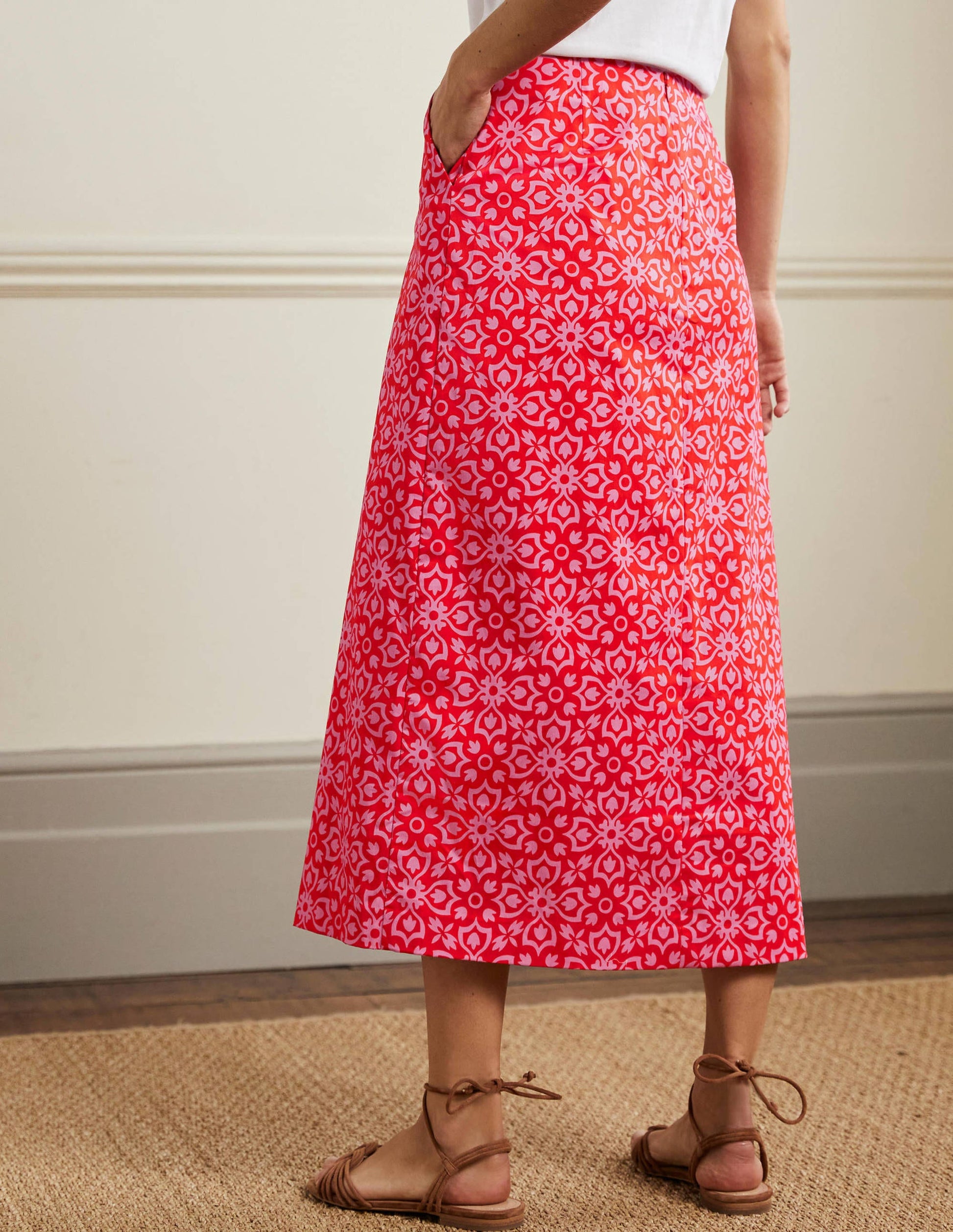 Printed A-line Midi Skirt-Dragon Red, Floret Tile-3