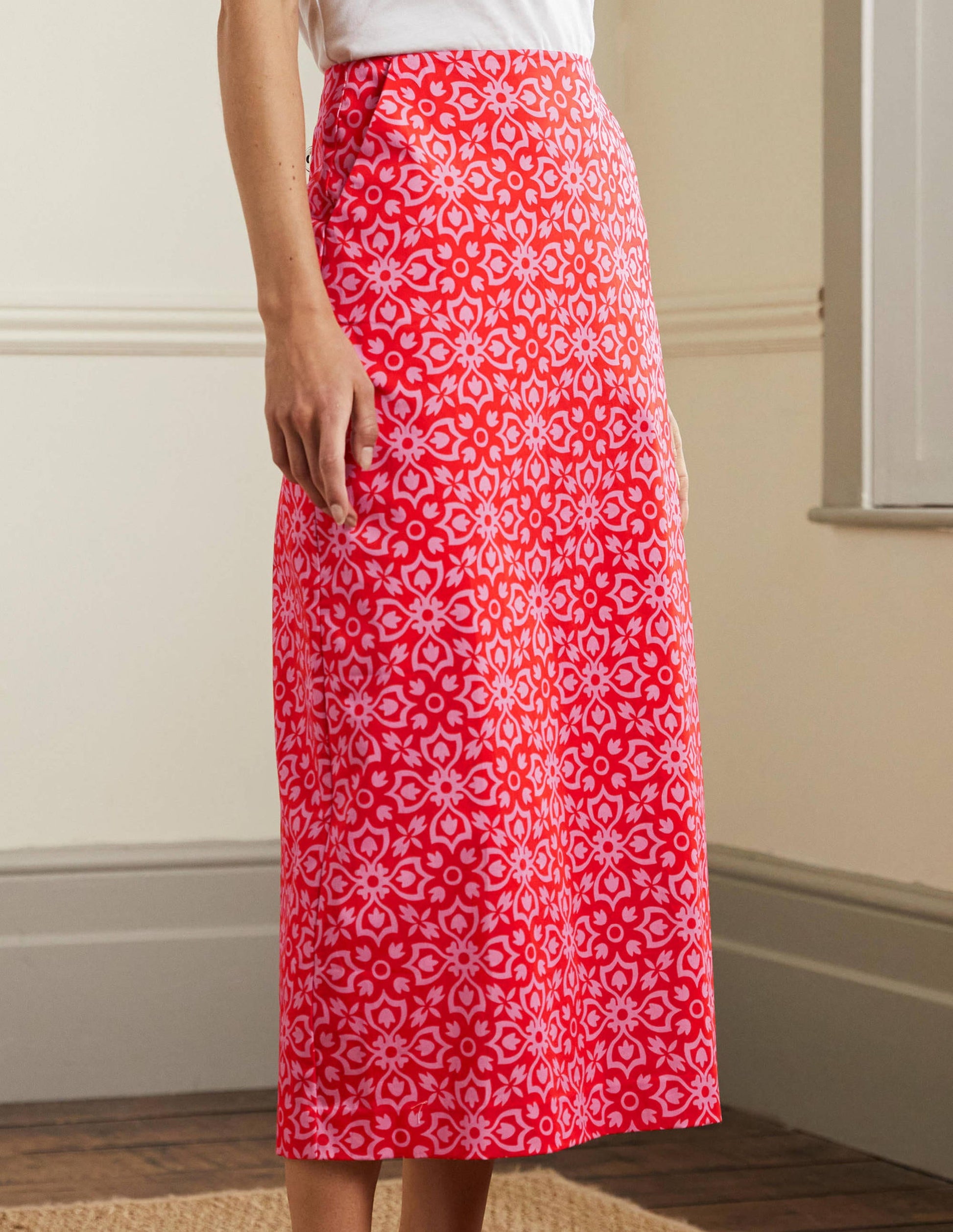 Printed A-line Midi Skirt-Dragon Red, Floret Tile-4