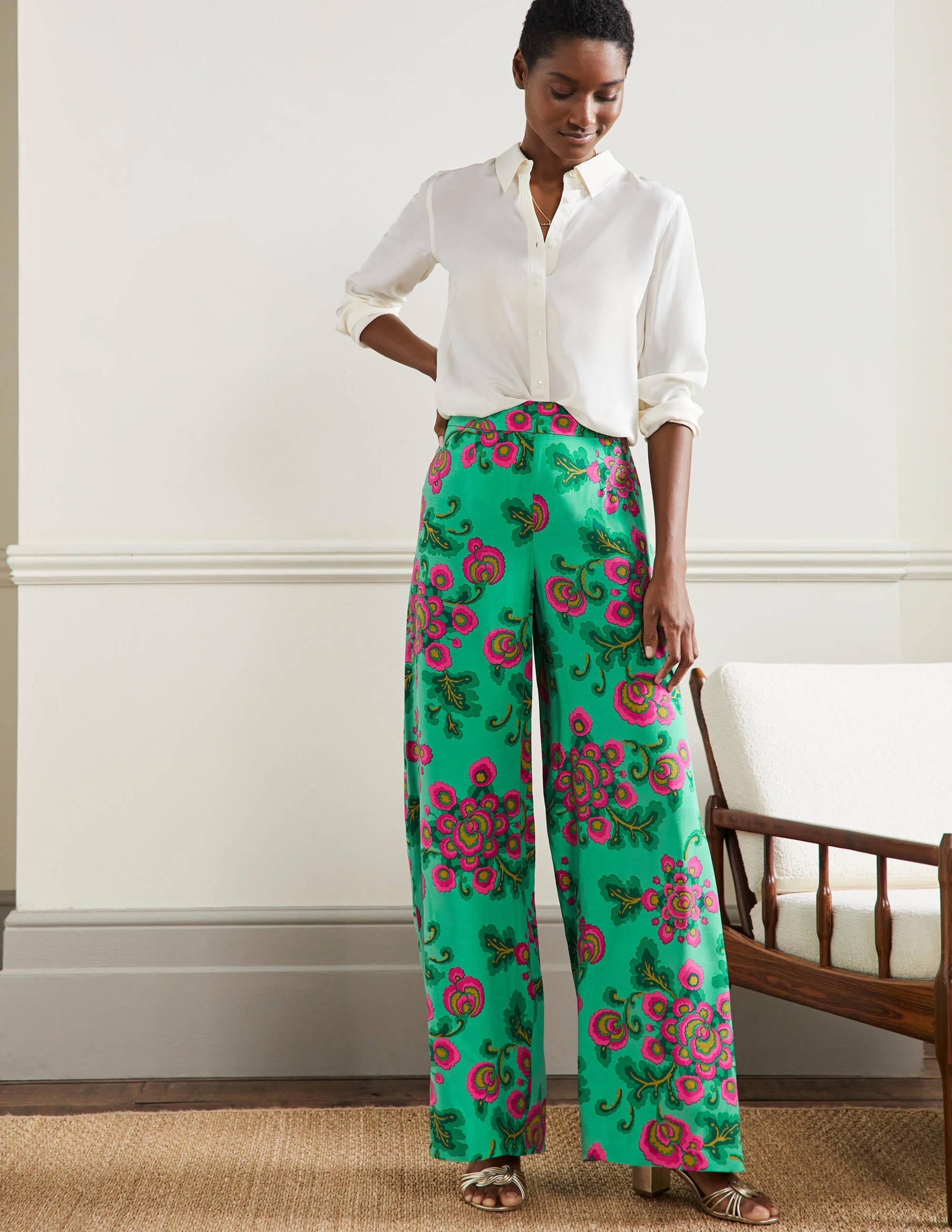 Zoe Wide Leg Palazzo Trousers-Ming Green, Wild Blooms - Image 1
