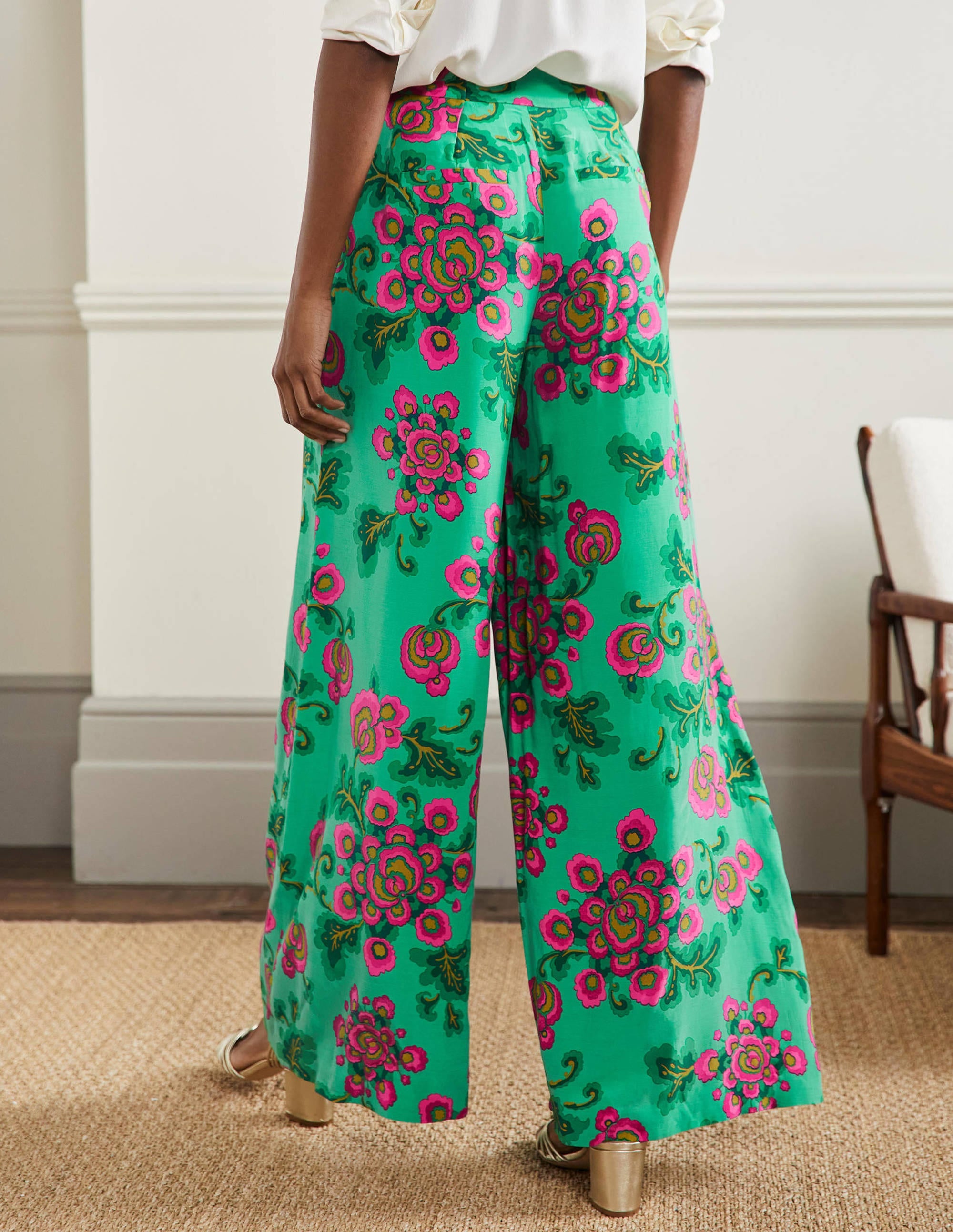 Zoe Wide Leg Palazzo Trousers-Ming Green, Wild Blooms - Image 3
