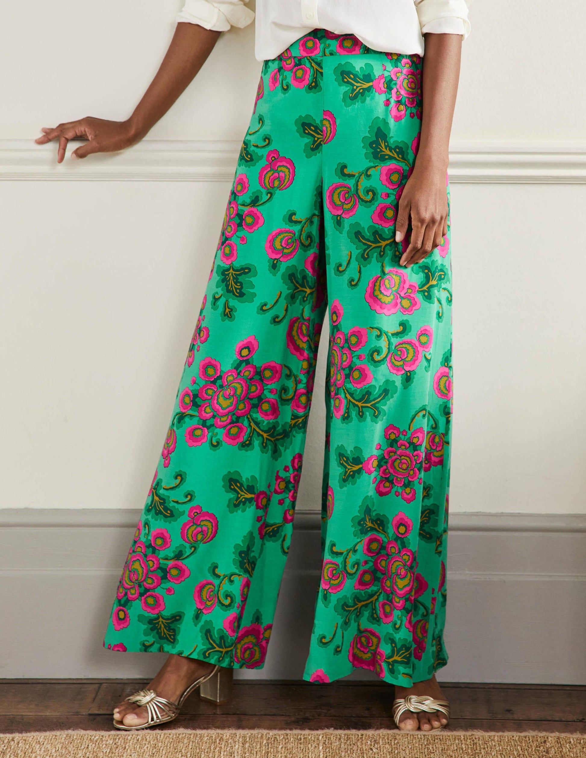 Zoe Wide Leg Palazzo Trousers-Ming Green, Wild Blooms-4