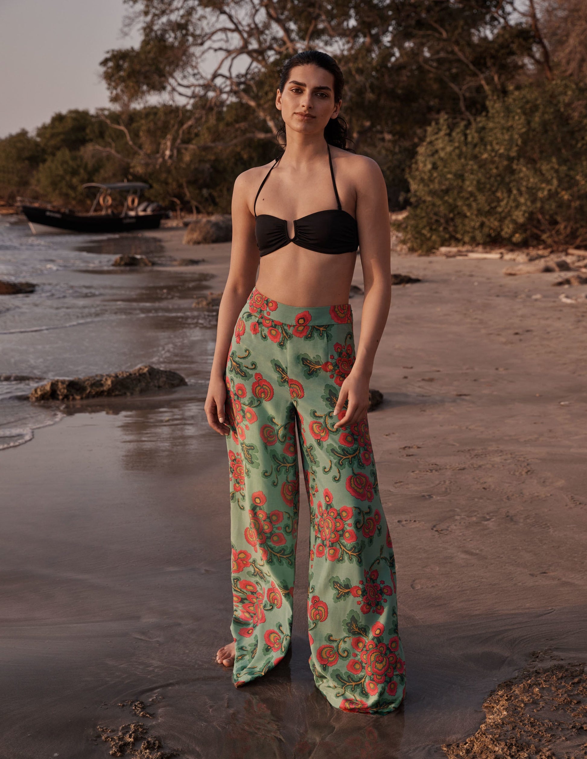 Zoe Wide Leg Palazzo Trousers-Ming Green, Wild Blooms-5