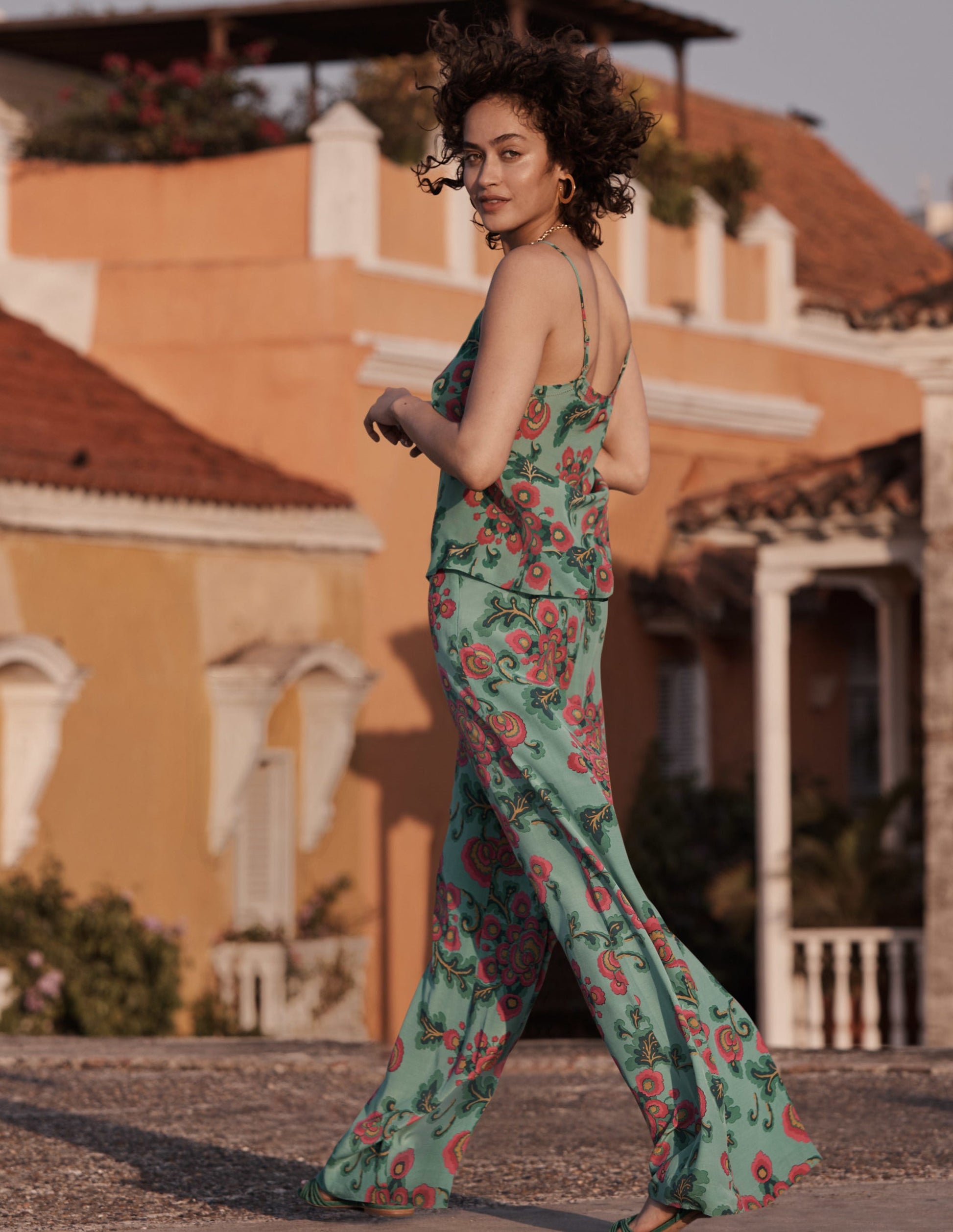 Zoe Wide Leg Palazzo Trousers-Ming Green, Wild Blooms-6