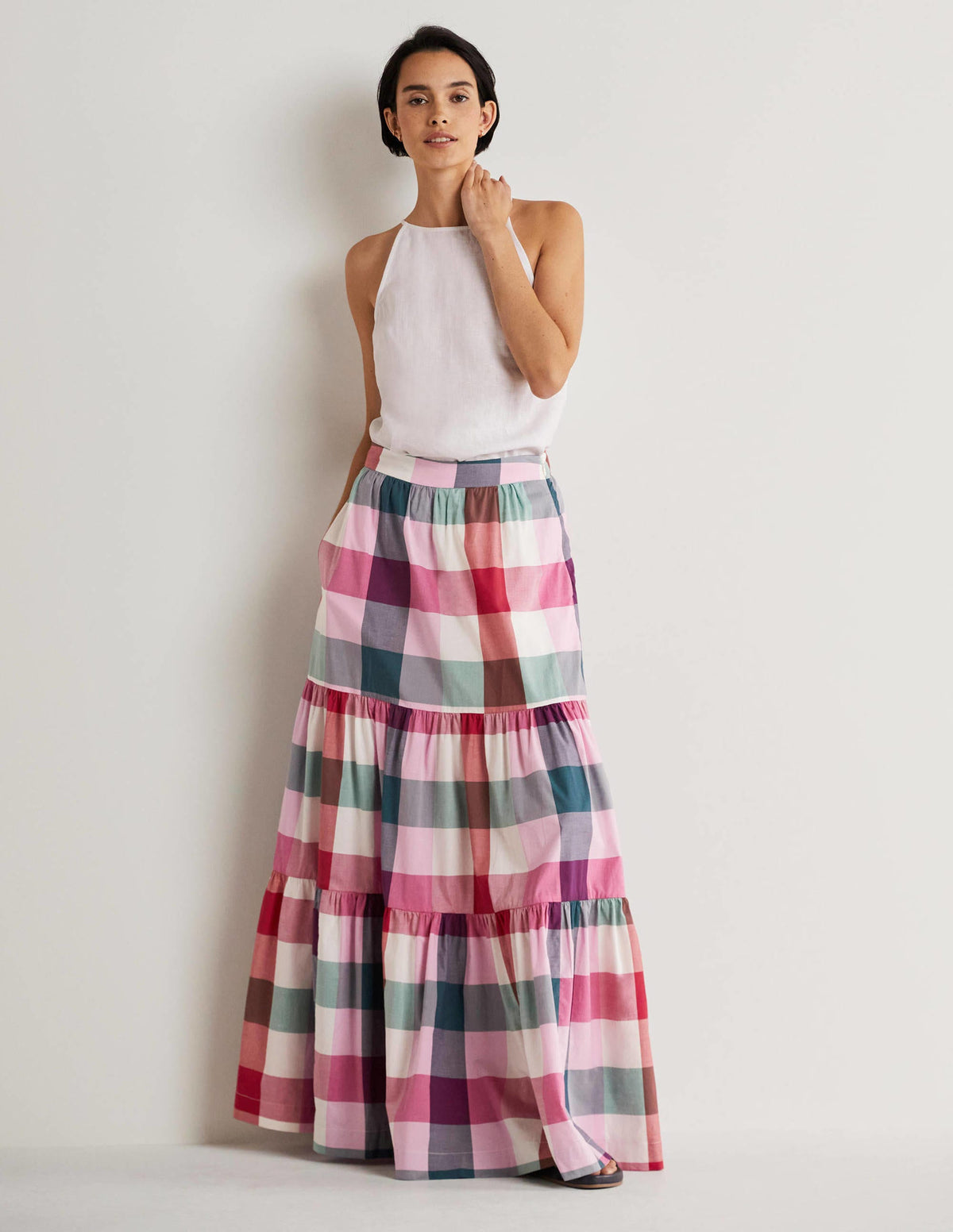Lorna Tiered Maxi Skirt-Bonbon Pink Flambe Check - Image 1