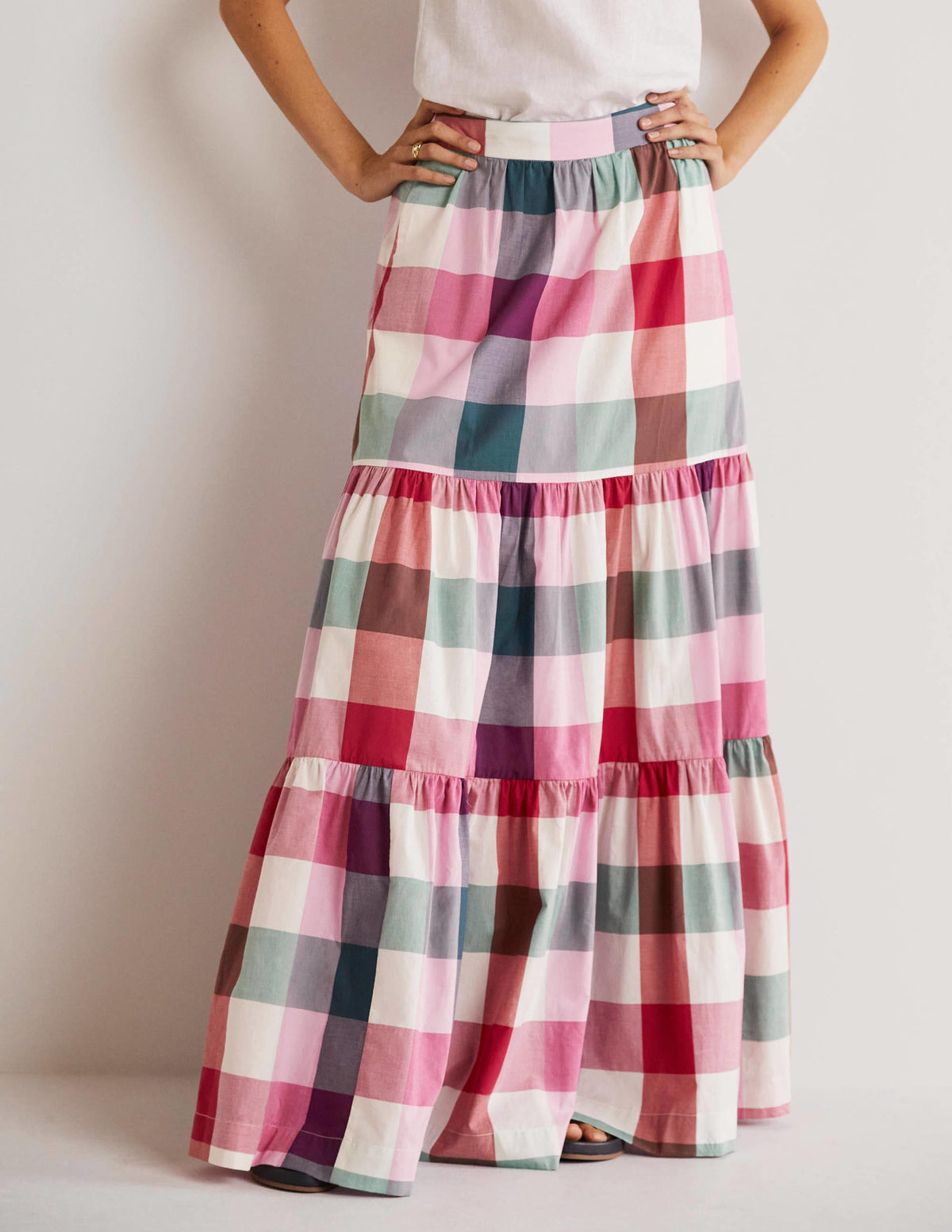 Lorna Tiered Maxi Skirt-Bonbon Pink Flambe Check - Image 4