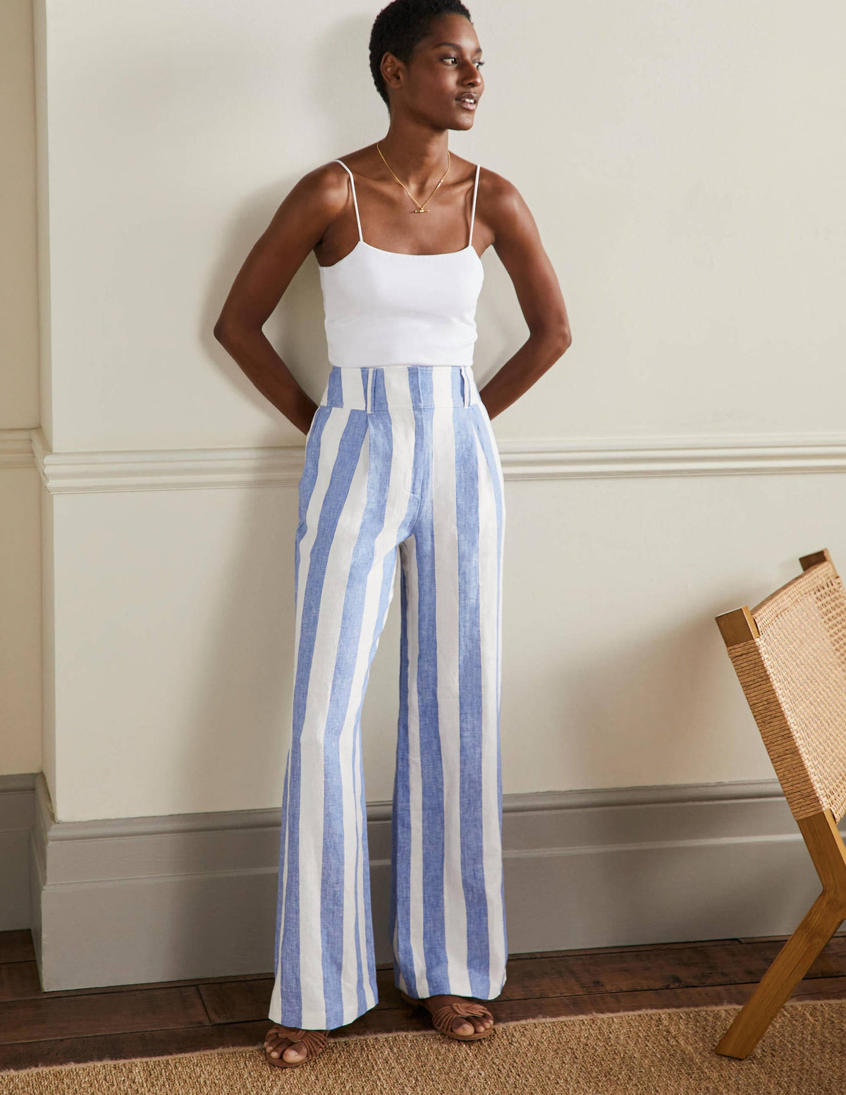 Wide Leg Linen Trousers-Bluebell and Ivory Stripe-1