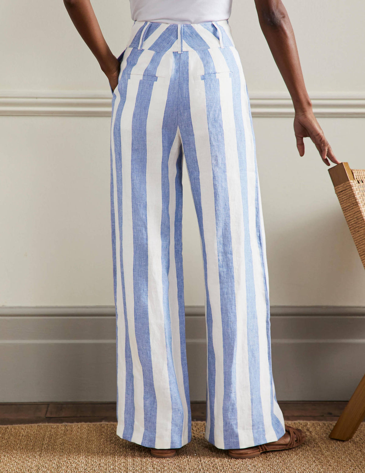 Wide Leg Linen Trousers-Bluebell and Ivory Stripe-3
