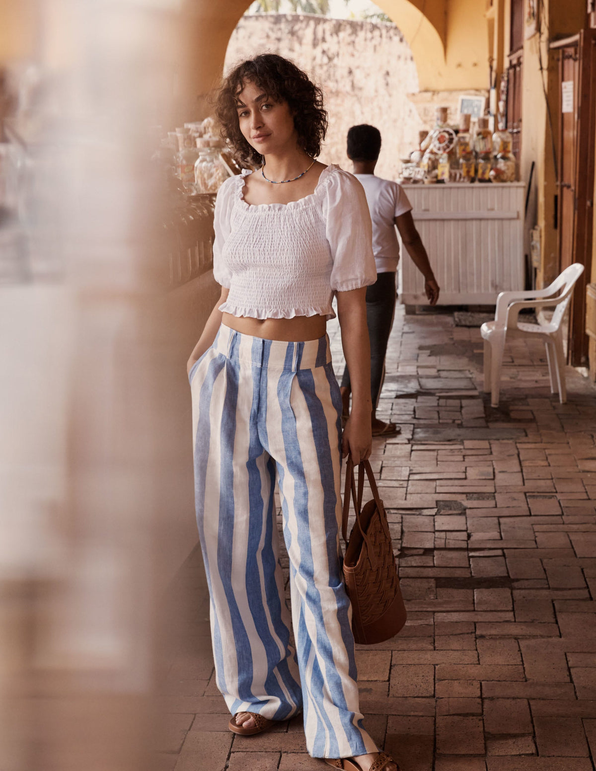 Wide Leg Linen Trousers-Bluebell and Ivory Stripe-5