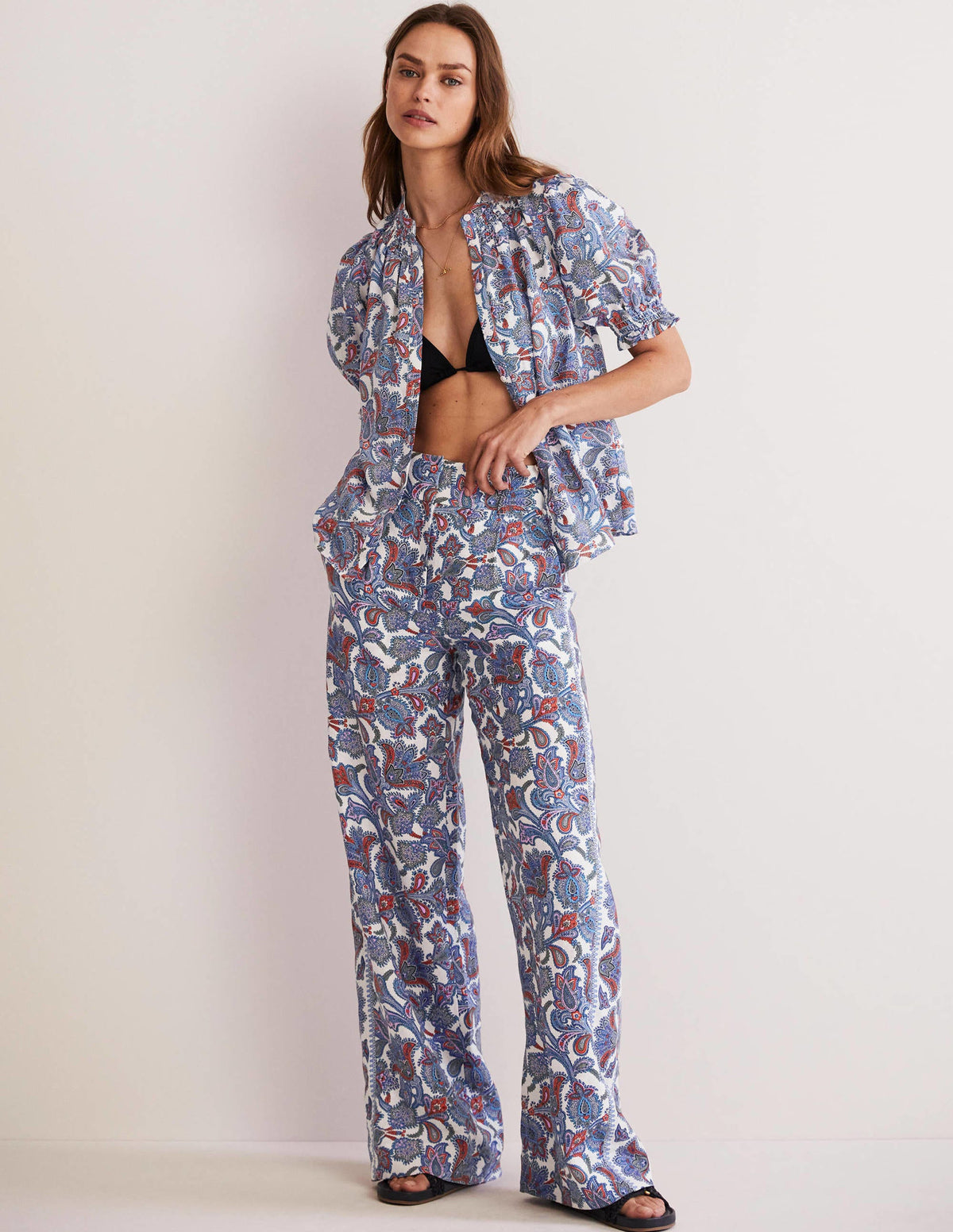 Wide Leg Linen Trousers-Multi, Paisley Bud-1